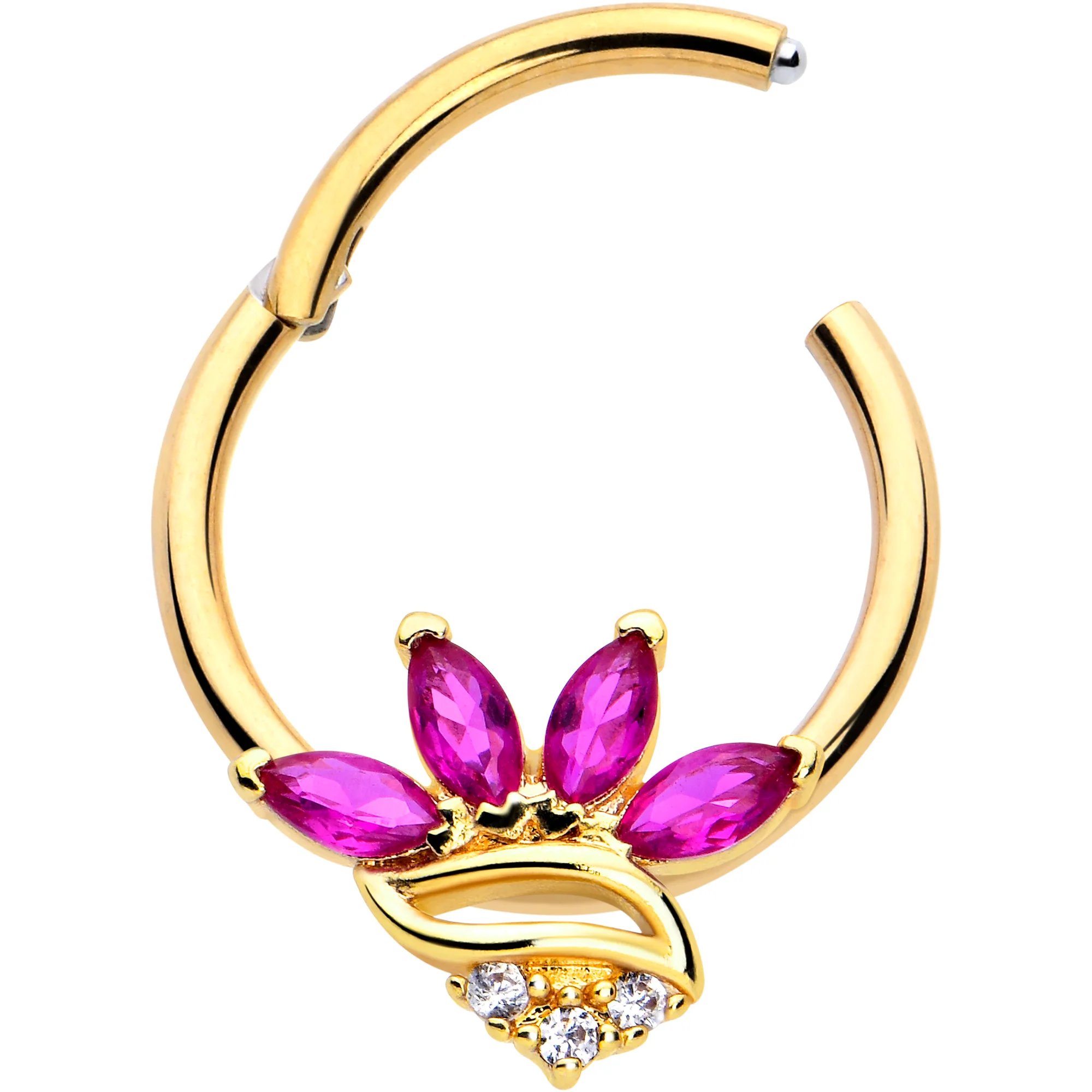 16G 3/8 Red CZ Gem Gold Tone Swirl Fan Hinged Segment Ring - Image 2