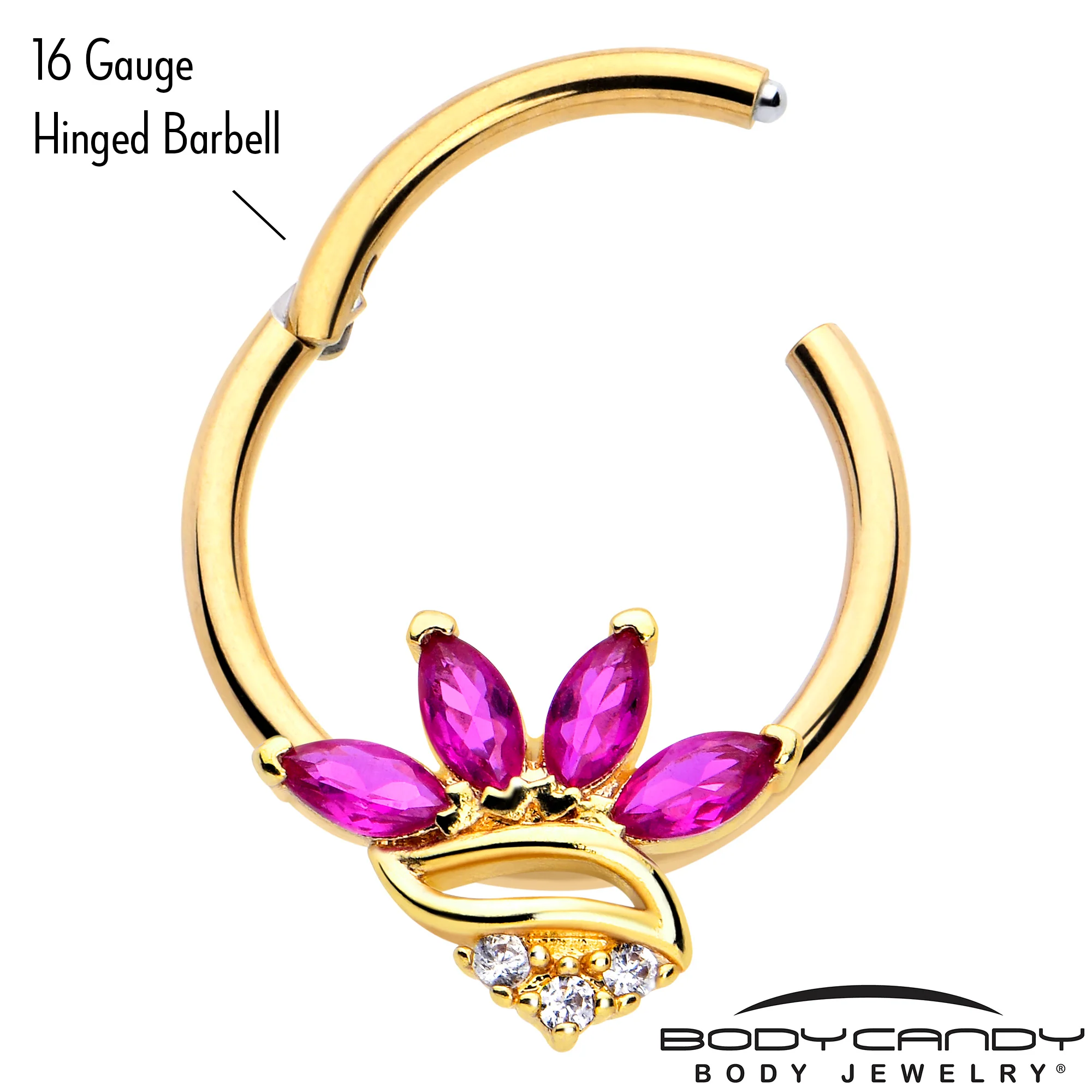 16G 3/8 Red CZ Gem Gold Tone Swirl Fan Hinged Segment Ring - Image 3