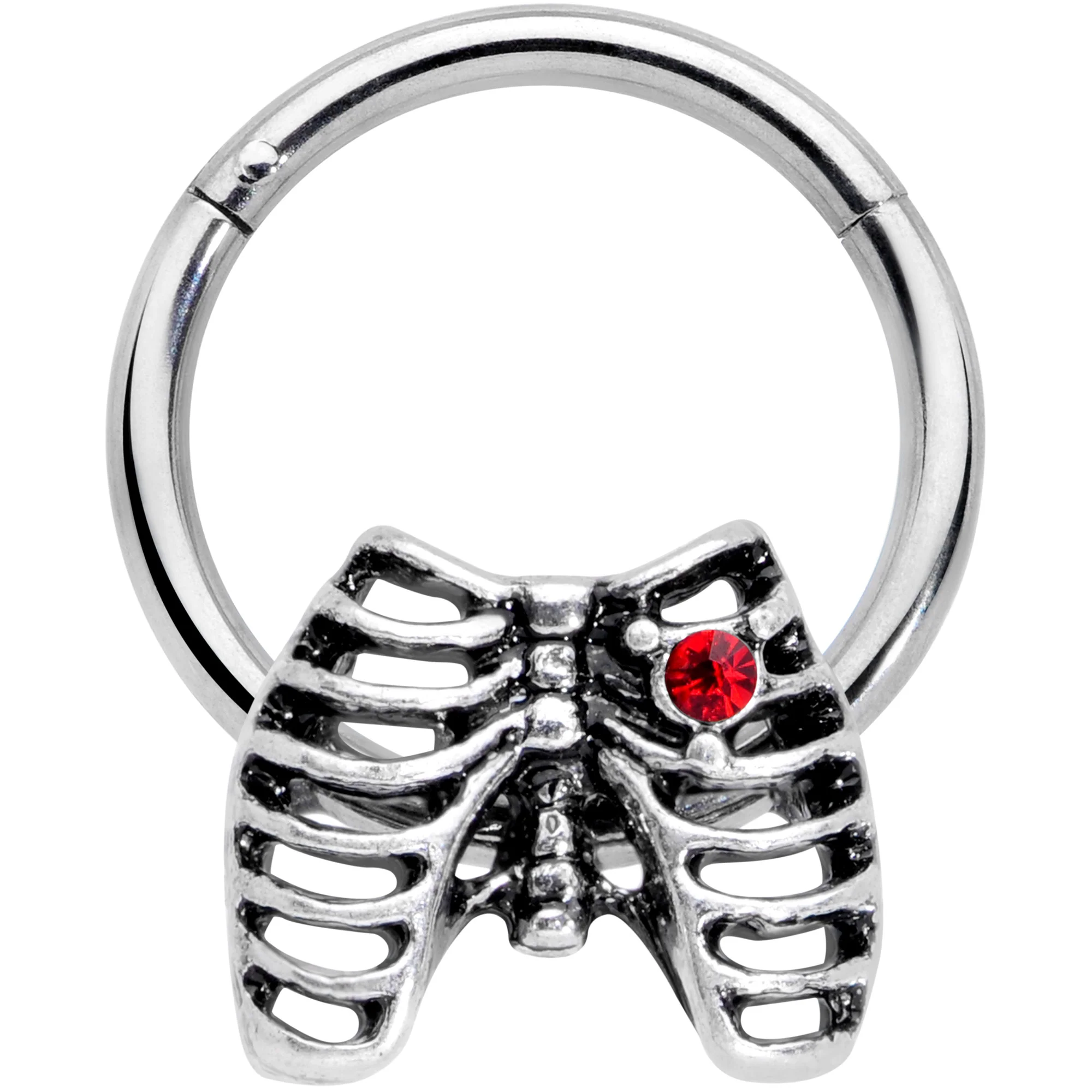16G 3/8 Red CZ Gem Heart Skeleton Halloween Hinged Segment Ring