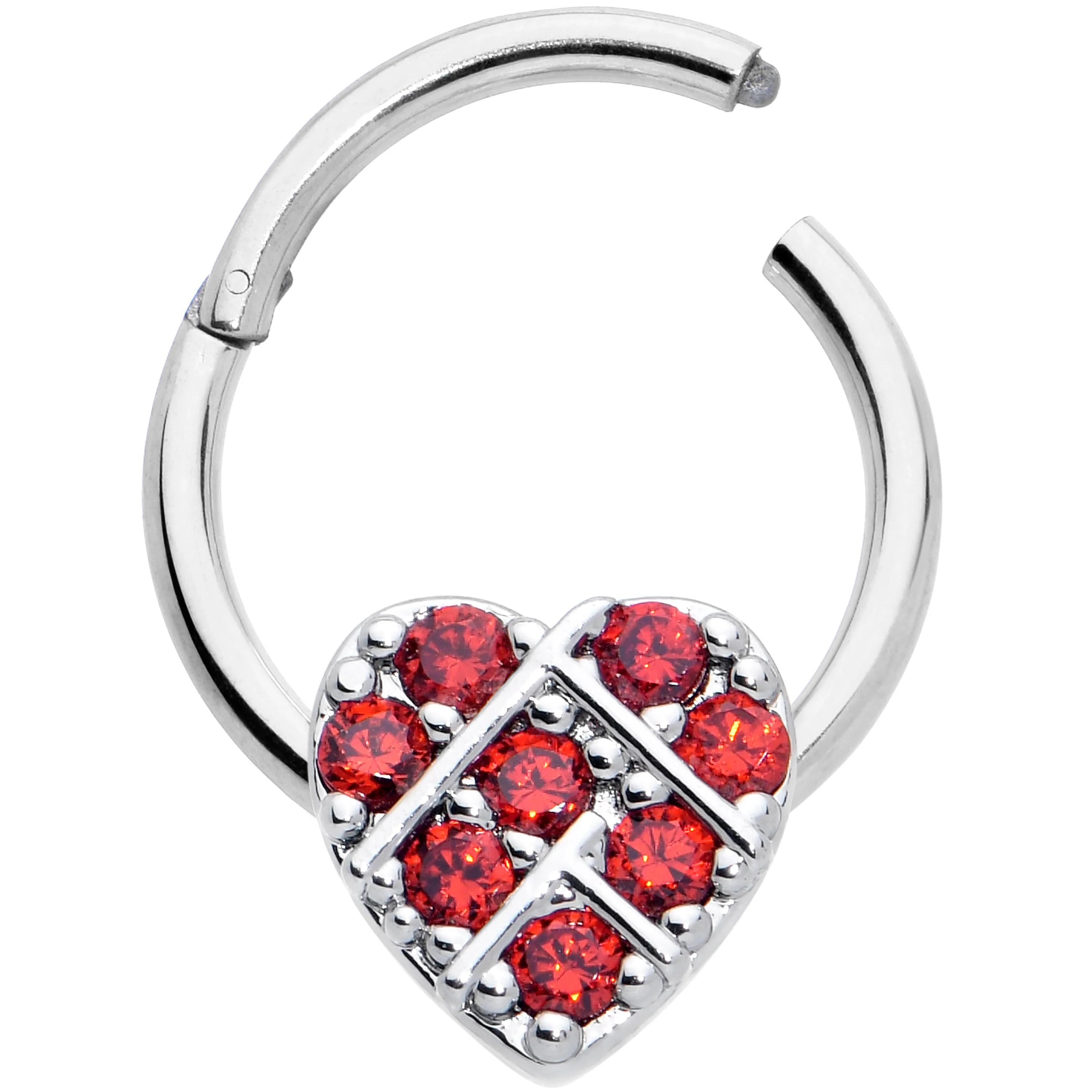 16G 3/8 Red CZ Gem Lattice Heart Hinged Segment Ring - Image 2