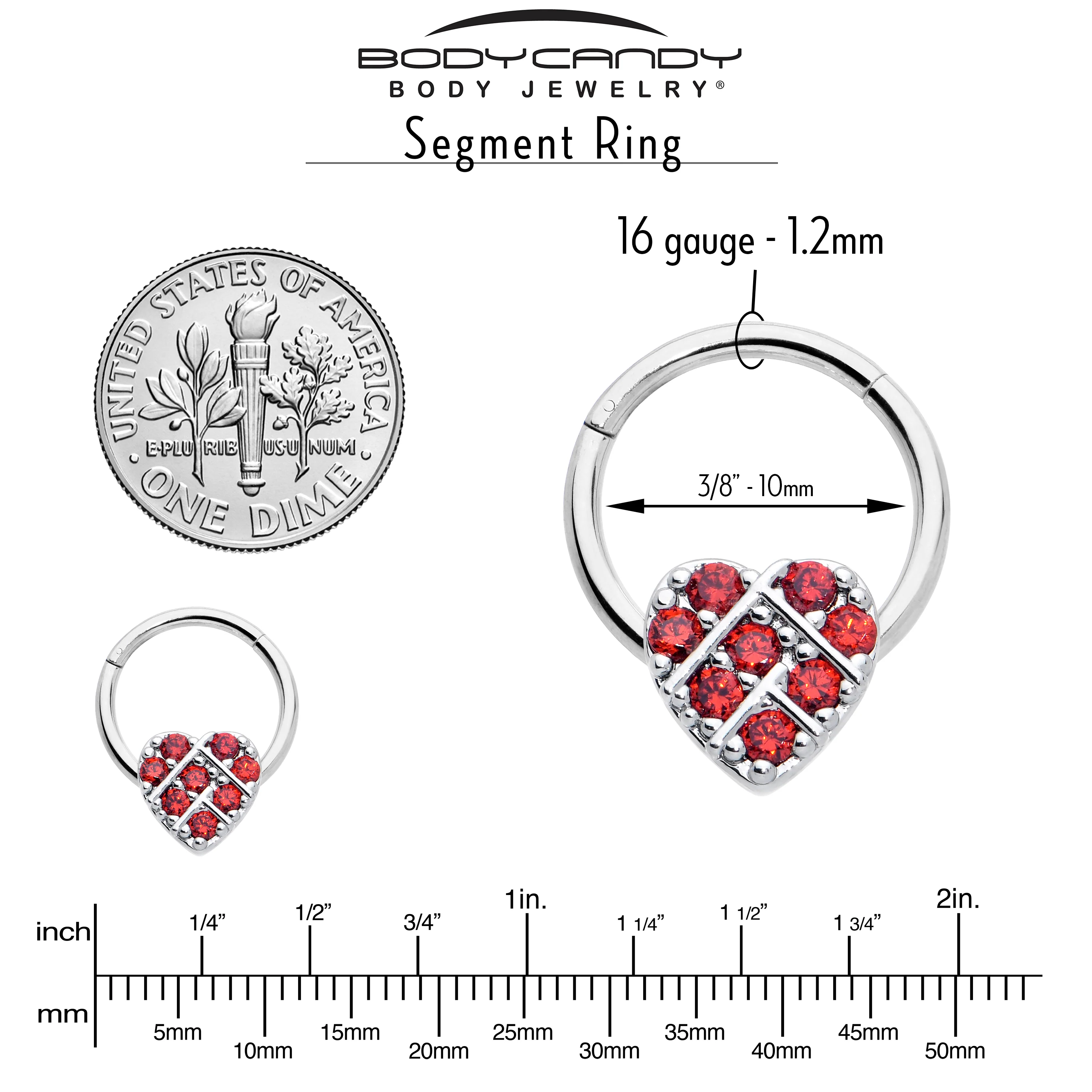 16G 3/8 Red CZ Gem Lattice Heart Hinged Segment Ring - Image 3