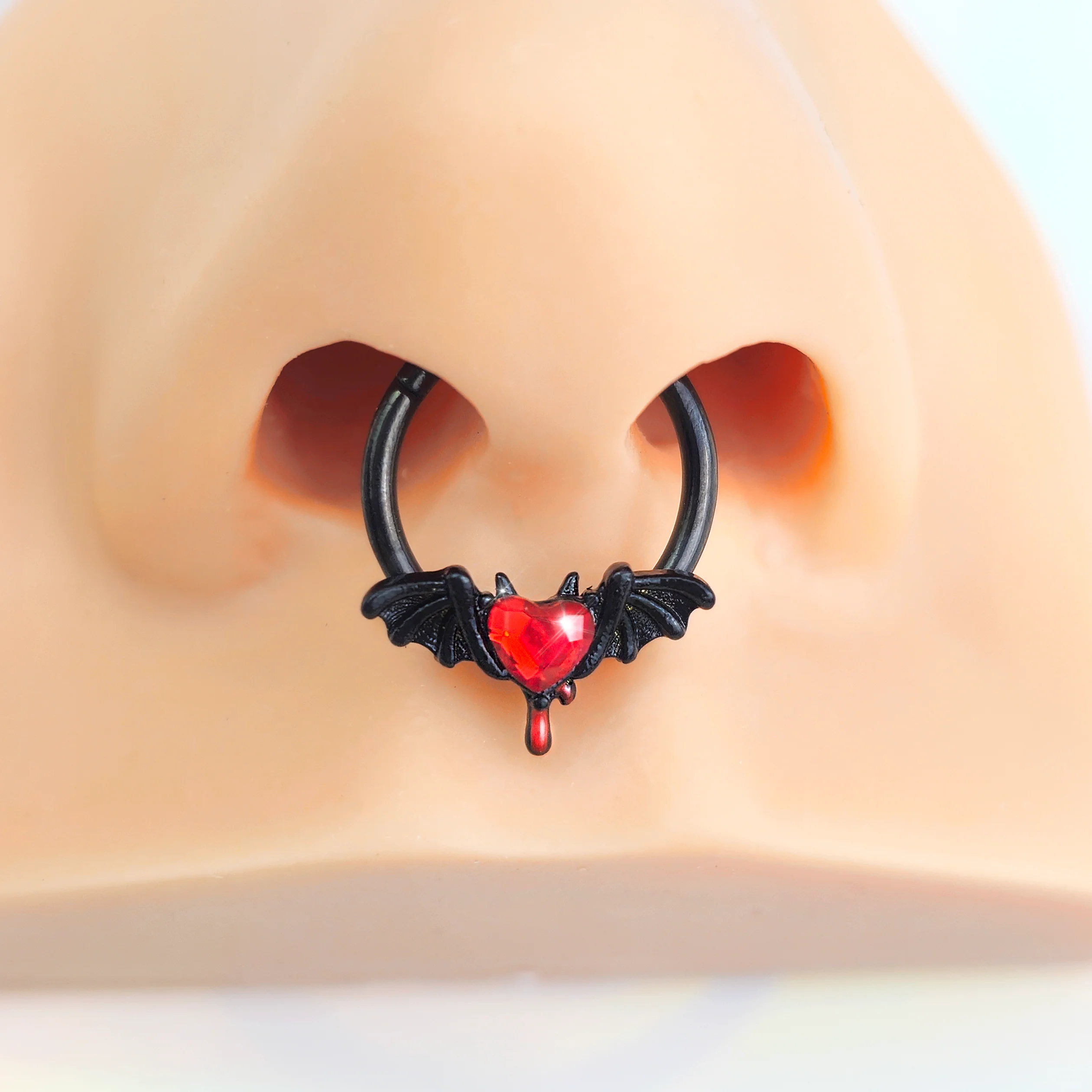 16G 3/8 Red Gem Black Bleeding Heart Bat Hinged Segment Ring - Image 2