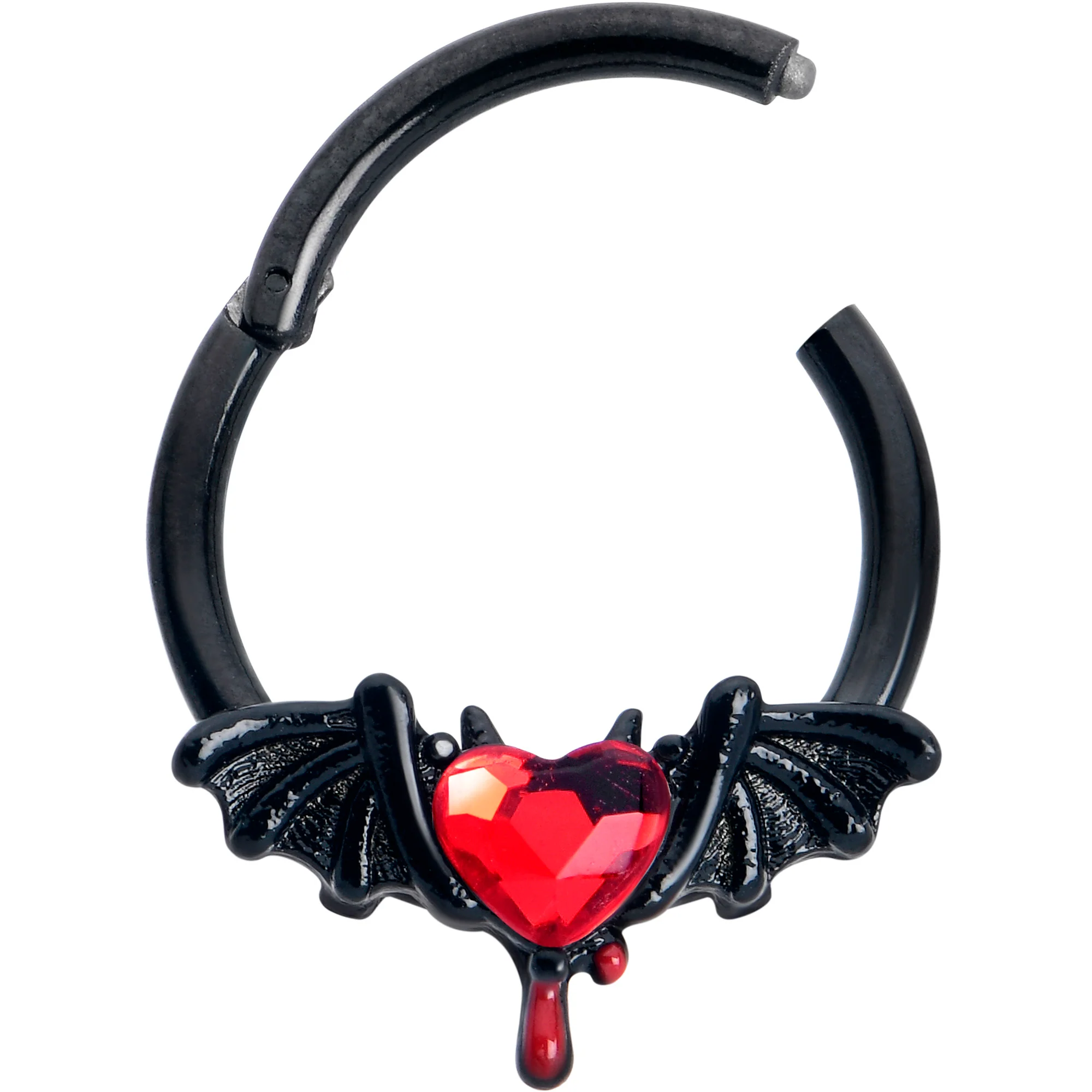 16G 3/8 Red Gem Black Bleeding Heart Bat Hinged Segment Ring - Image 3