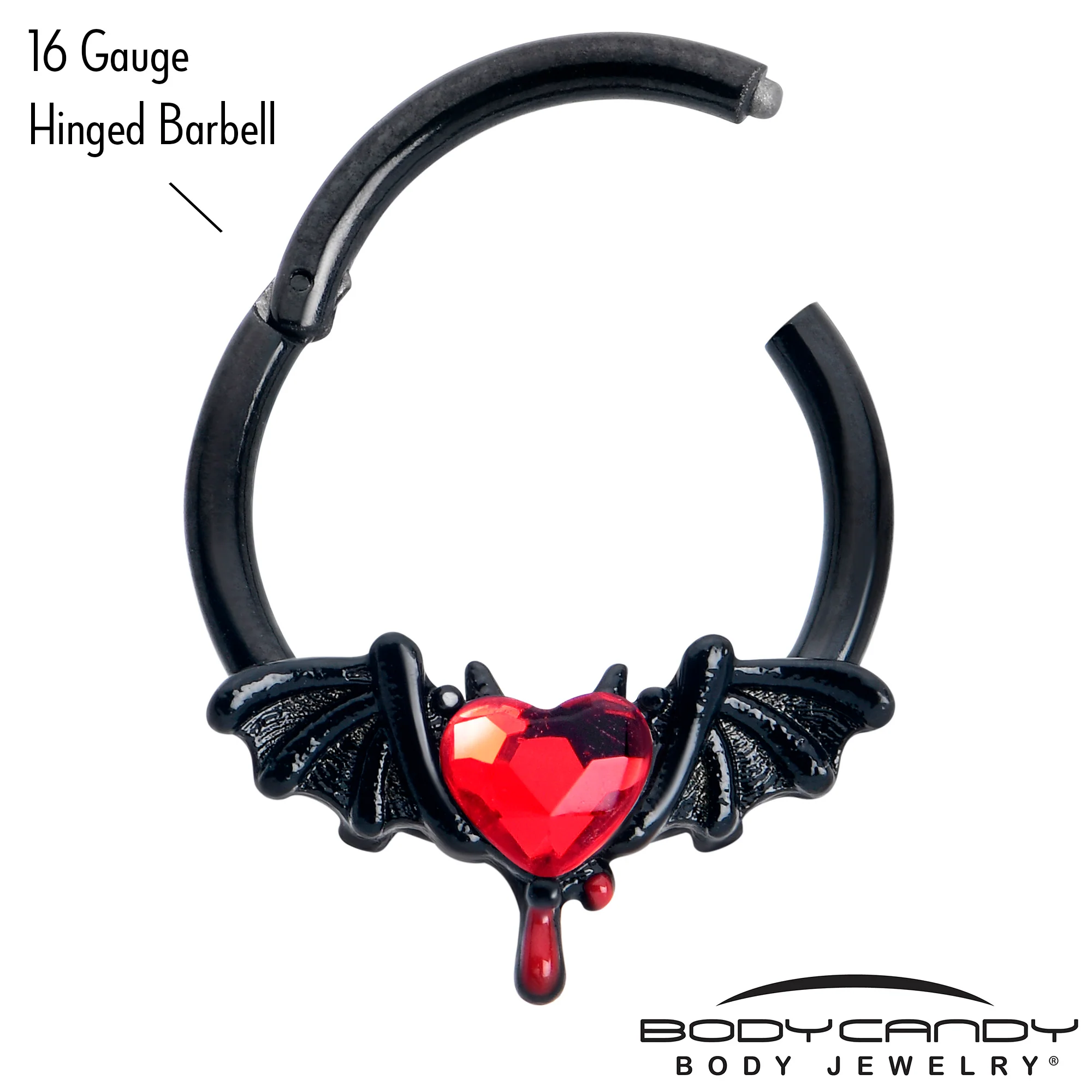 16G 3/8 Red Gem Black Bleeding Heart Bat Hinged Segment Ring - Image 4