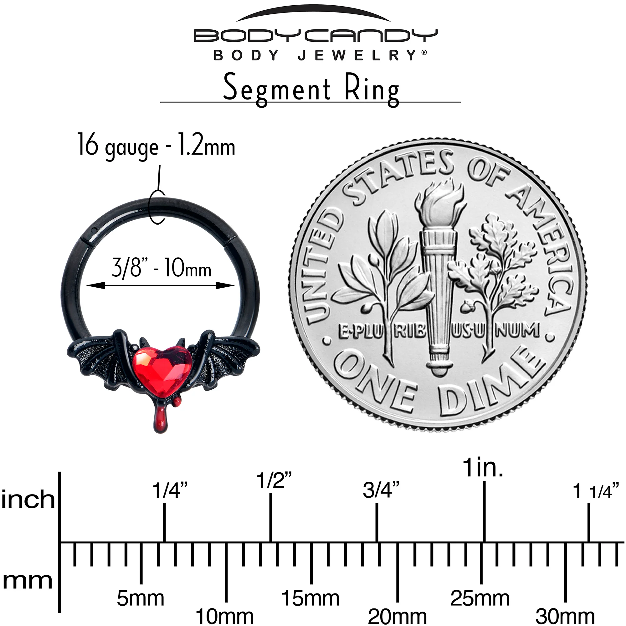16G 3/8 Red Gem Black Bleeding Heart Bat Hinged Segment Ring - Image 5