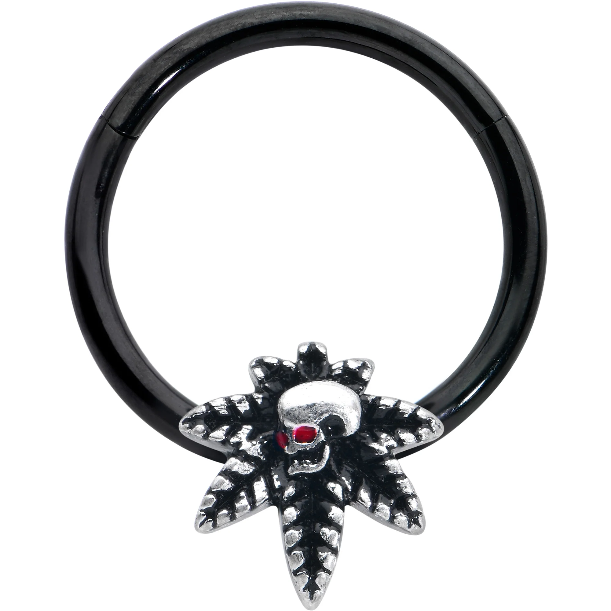 16G 3/8 Red Gem Black Pot Leaf Skull Hinged Segment Ring