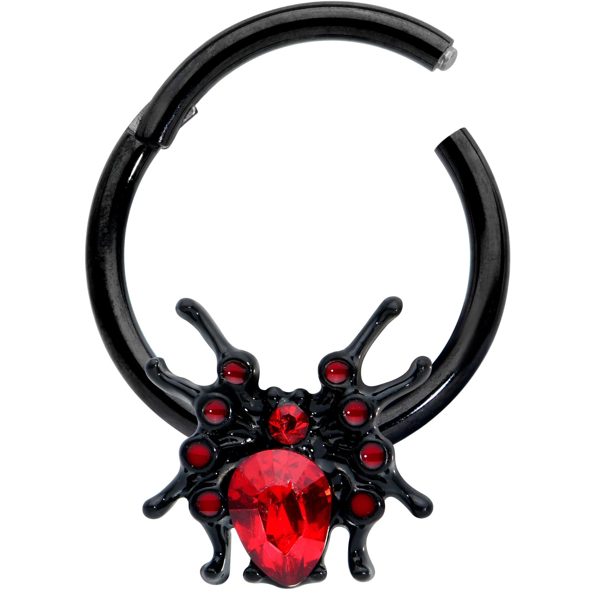 16G 3/8 Red Gem Black Spider Halloween Hinged Segment Ring - Image 2