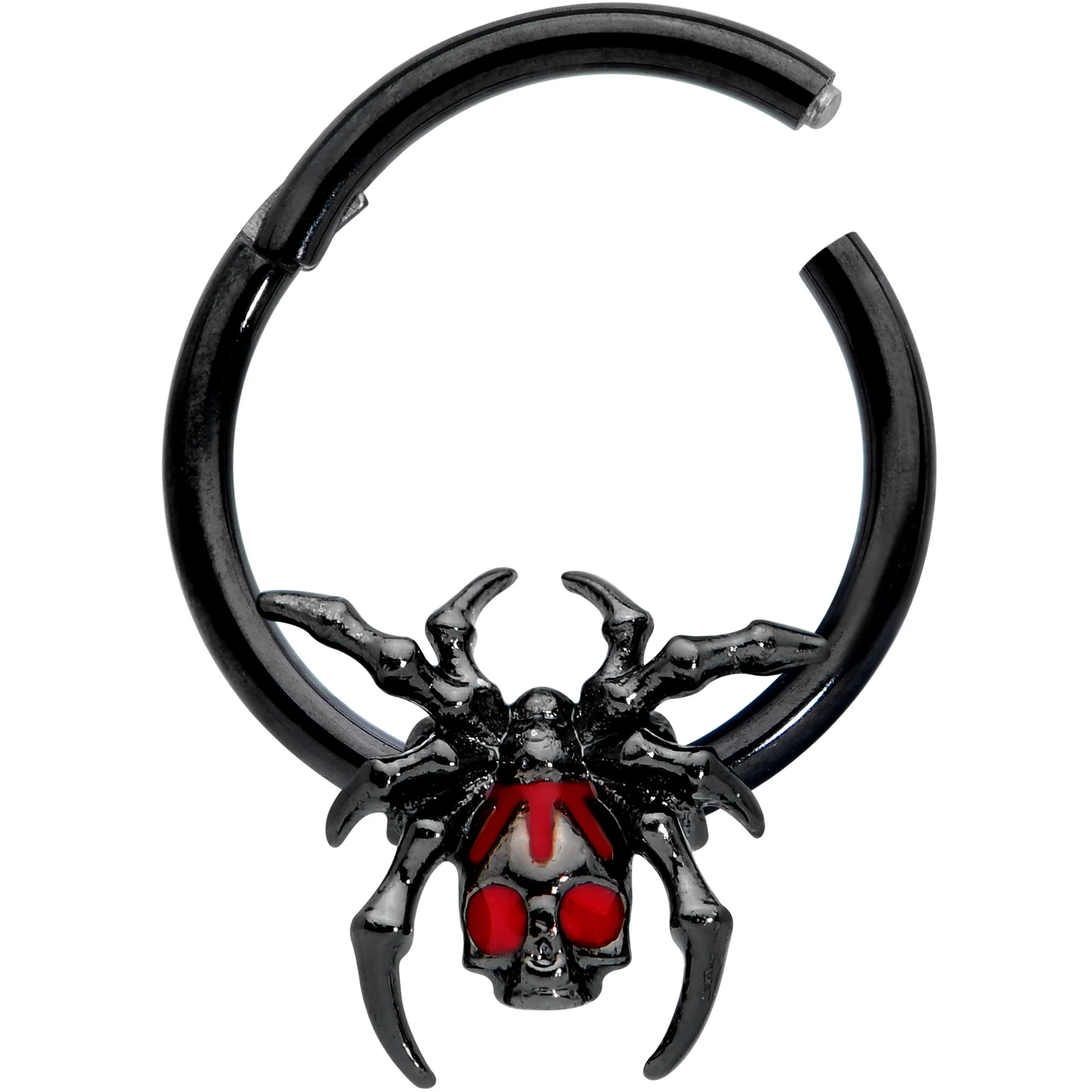 16G 3/8 Red Gem Black Spider Skull Halloween Hinged Segment Ring - Image 2