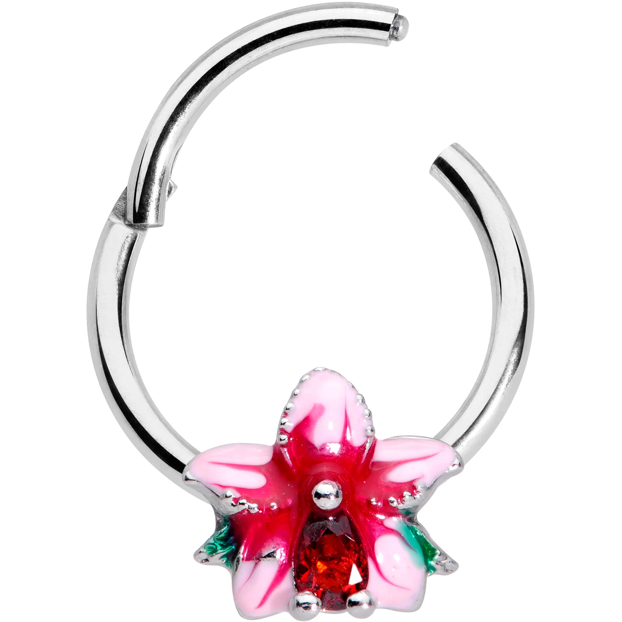 16G 3/8 Red Gem Exotic Flower Hinged Segment Ring - Image 2