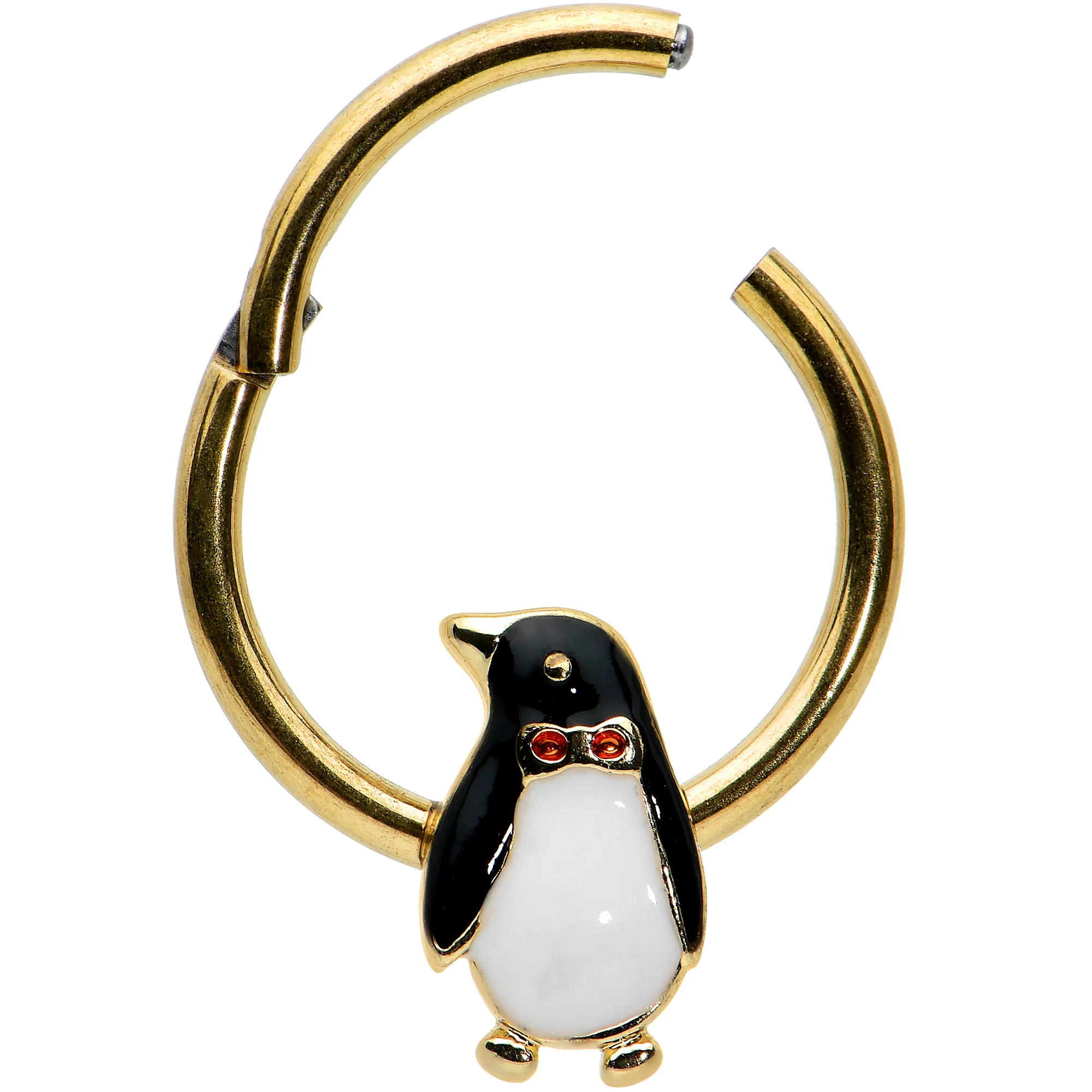 16G 3/8 Red Gem Gold Tone Bow Tie Penguin Hinged Segment Ring - Image 2