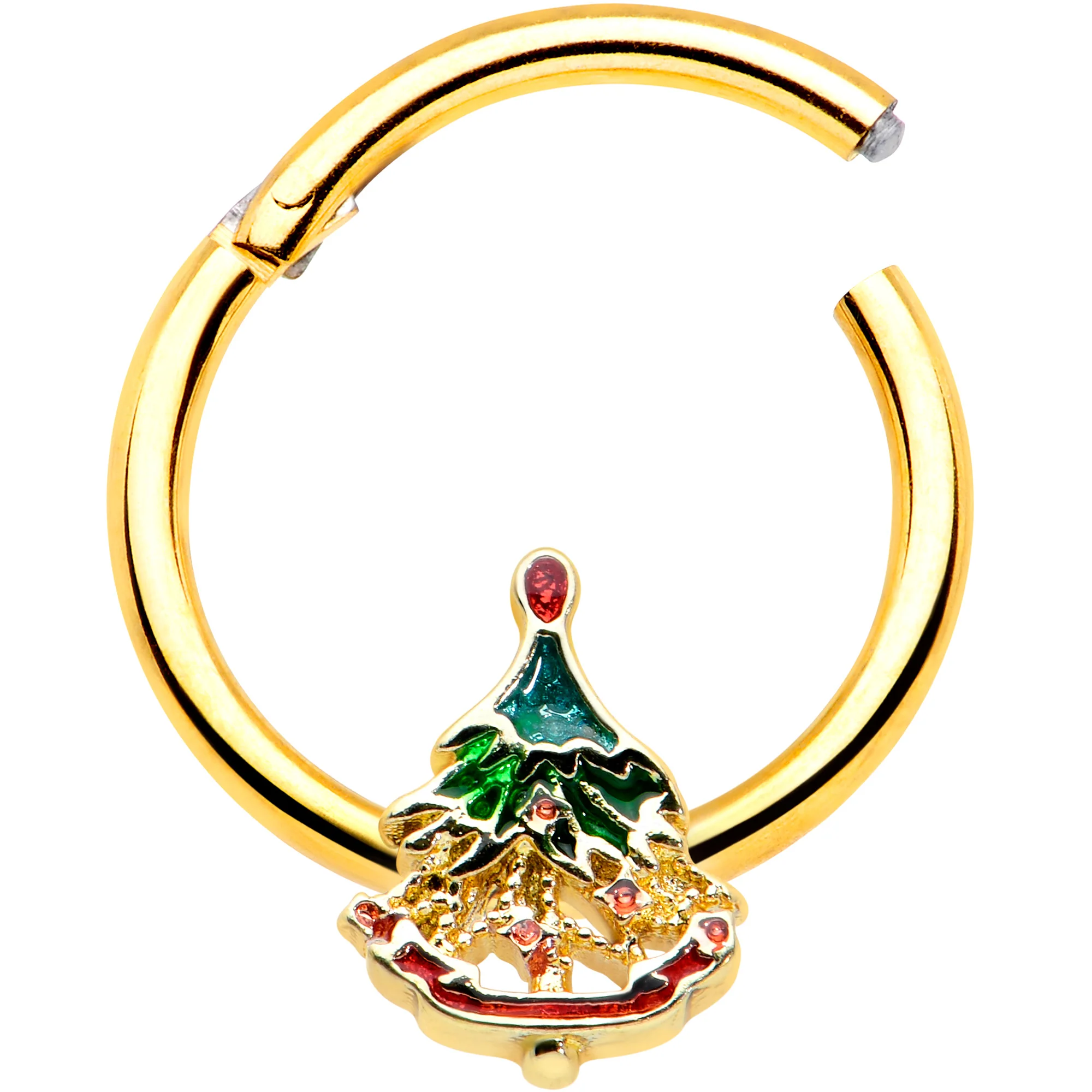 16G 3/8 Red Gem Gold Tone Deco Holiday Tree Hinged Segment Ring - Image 2