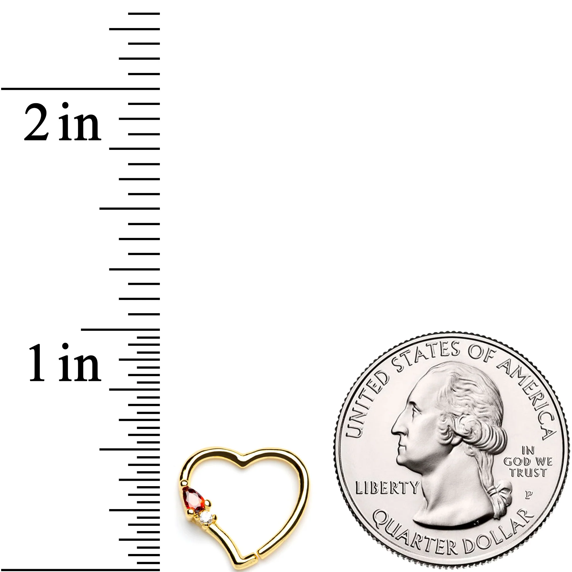 16G 3/8 Red Gem Gold Tone Heart Daith Cartilage Tragus Earring - Image 2
