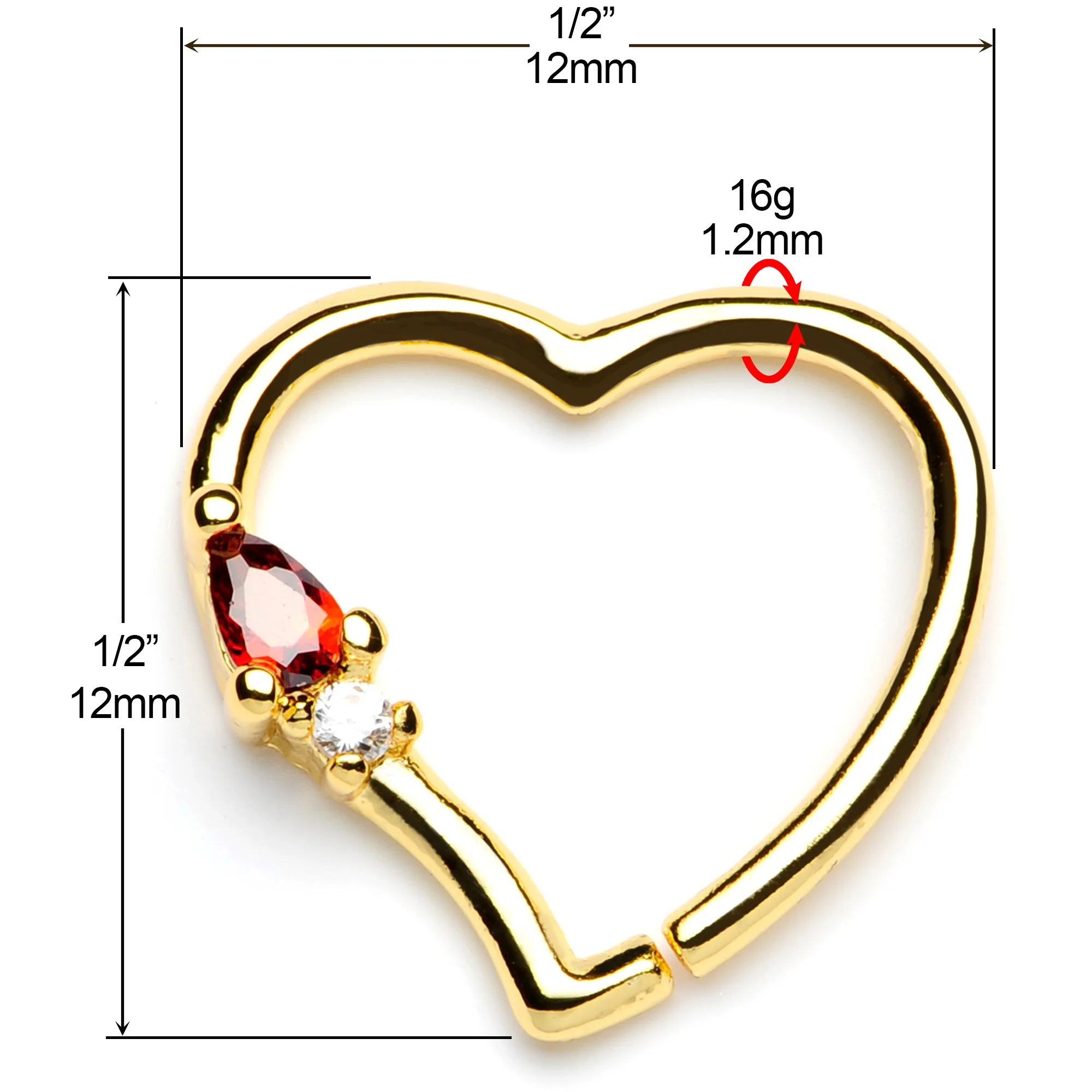16G 3/8 Red Gem Gold Tone Heart Daith Cartilage Tragus Earring - Image 3