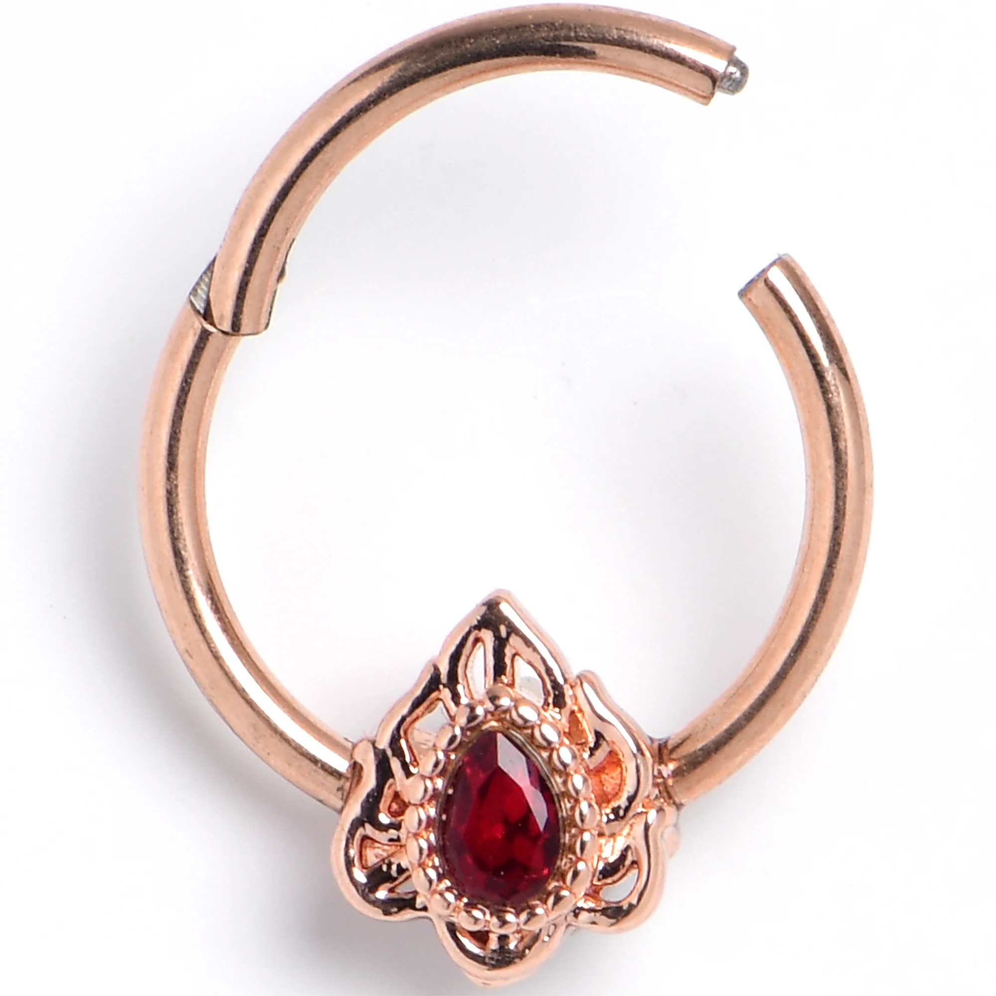16G 3/8 Red Gem Rose Gold Tone Firey Flame Hinged Segment Ring