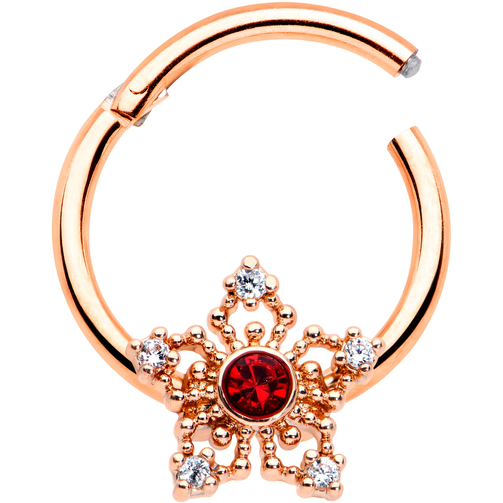 16G 3/8 Red Gem Rosy Hue Texture Snowflake Hinged Segment Ring - Image 2
