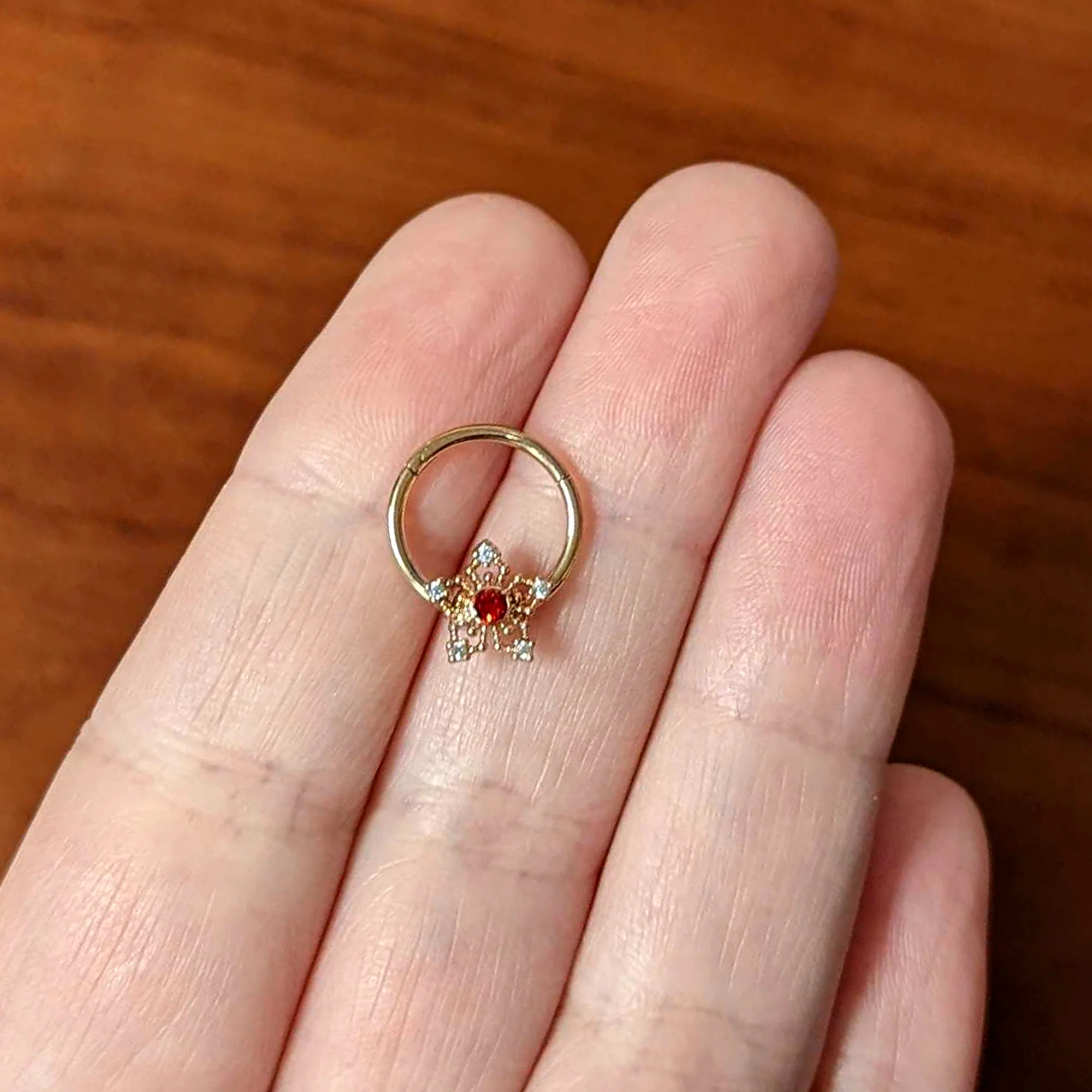 16G 3/8 Red Gem Rosy Hue Texture Snowflake Hinged Segment Ring - Image 4