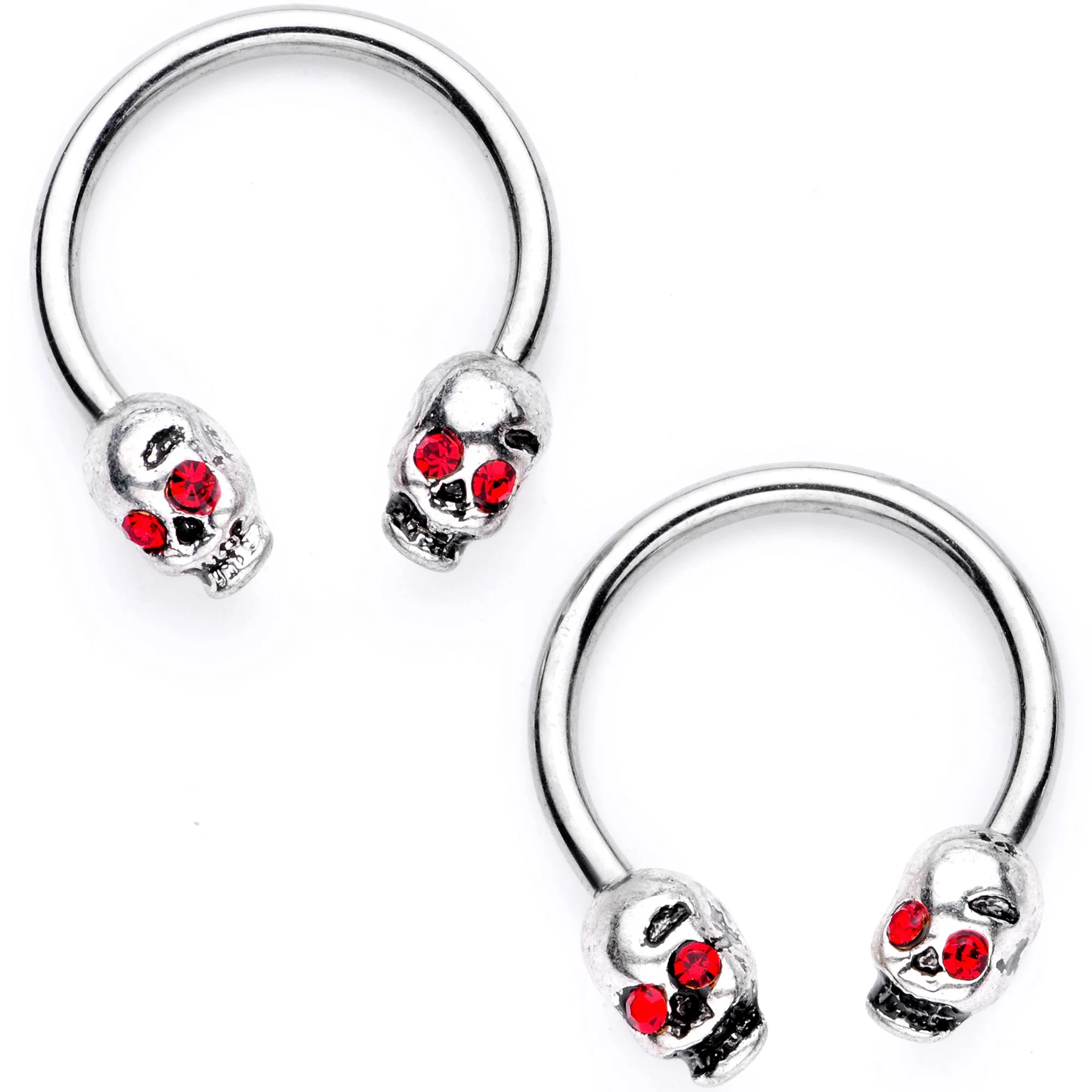 16G 3/8 Red Gem Skull Eye Horseshoe Barbell BCR Captive Ring Set - Image 2