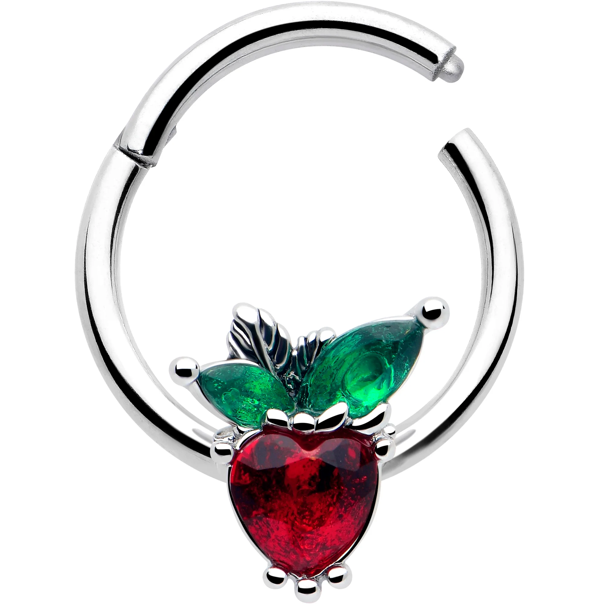 16G 3/8 Red Green Gem Strawberry Heart Hinged Segment Ring - Image 2