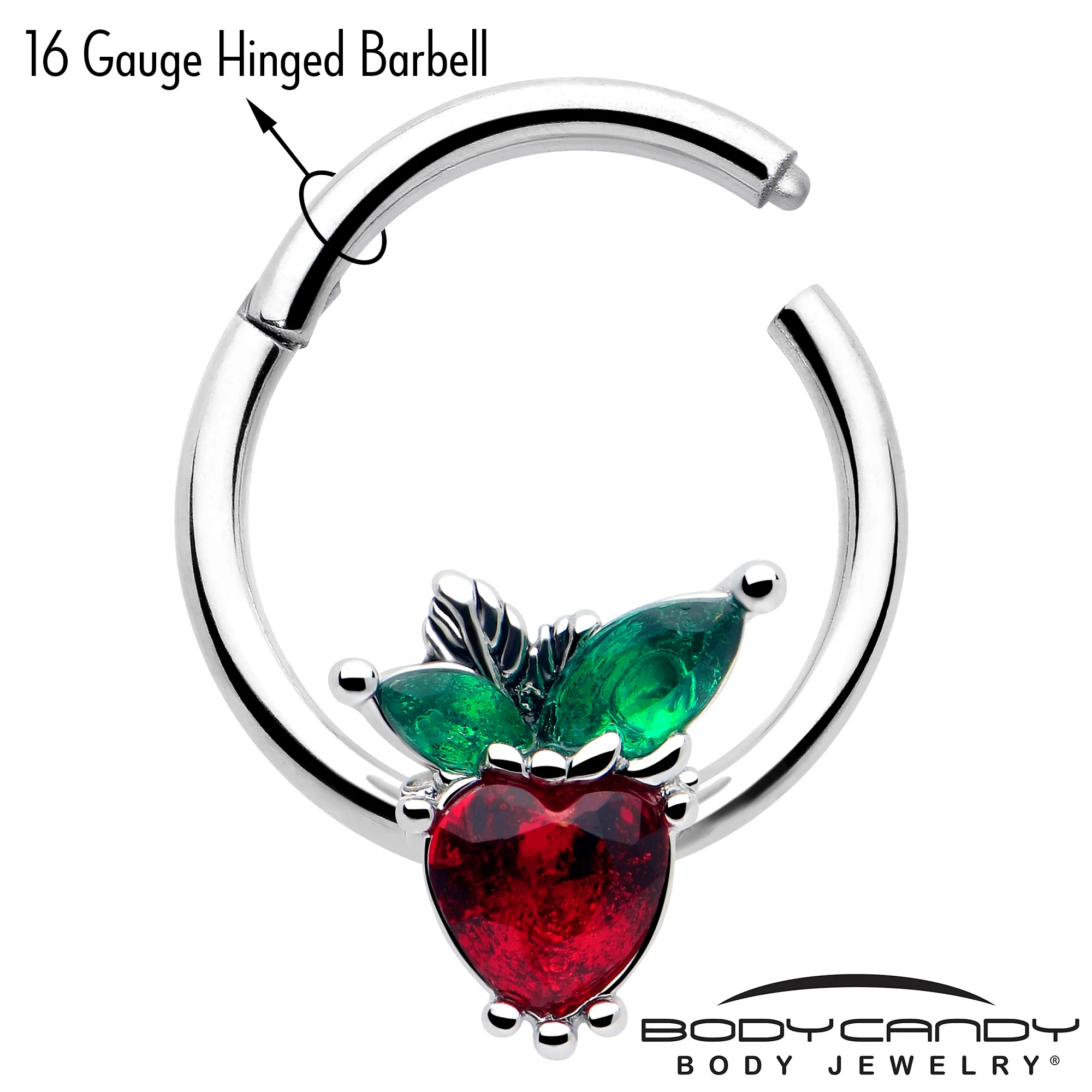 16G 3/8 Red Green Gem Strawberry Heart Hinged Segment Ring - Image 3