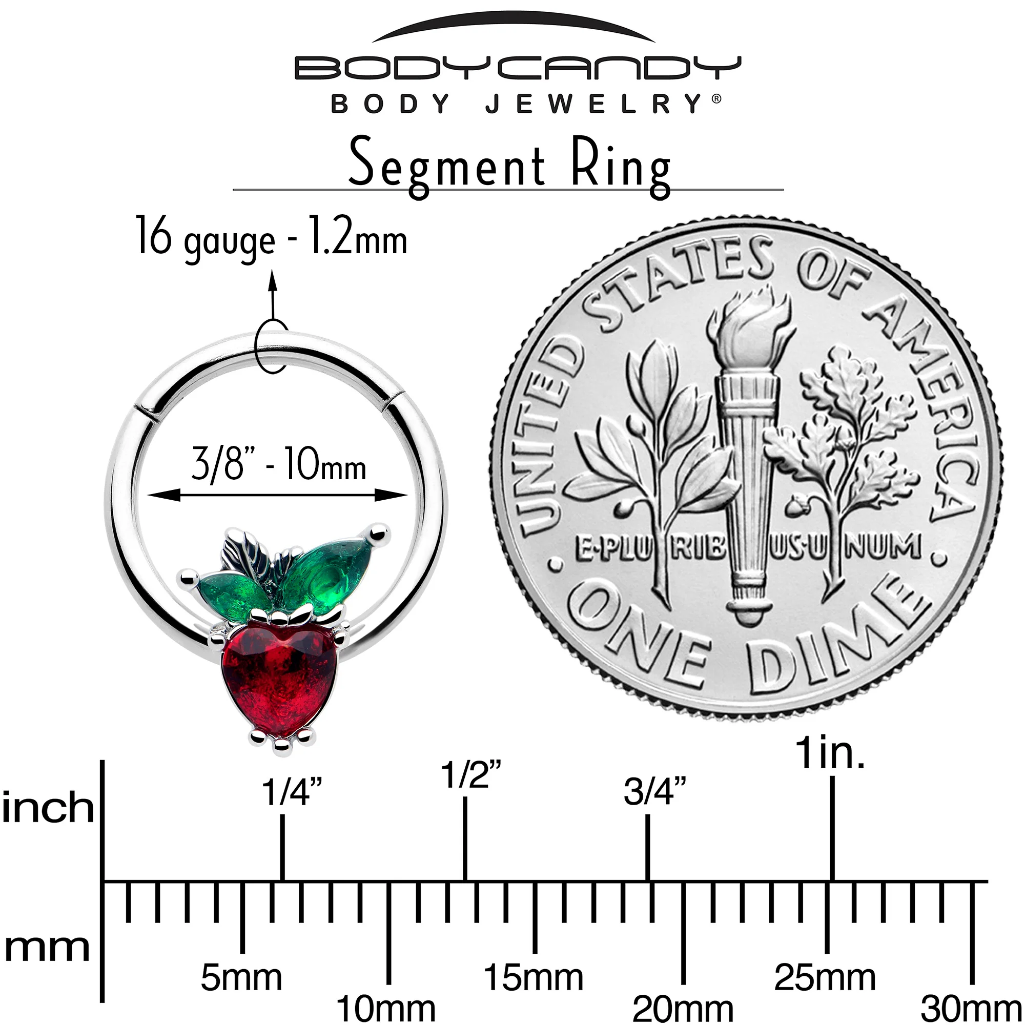 16G 3/8 Red Green Gem Strawberry Heart Hinged Segment Ring - Image 4