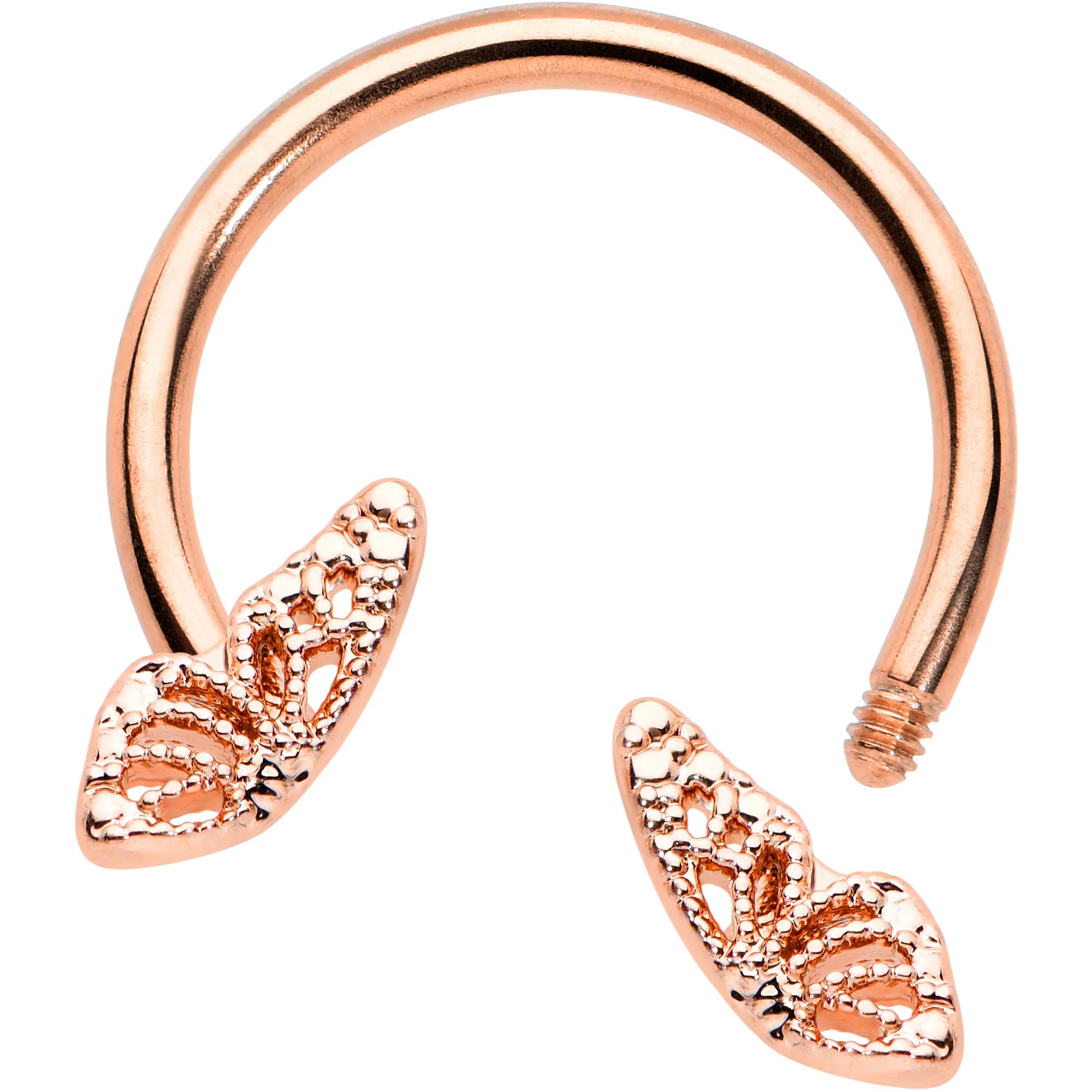 16G 3/8 Rose Gold Hue Texture Butterfly Horseshoe Circular Barbell - Image 2