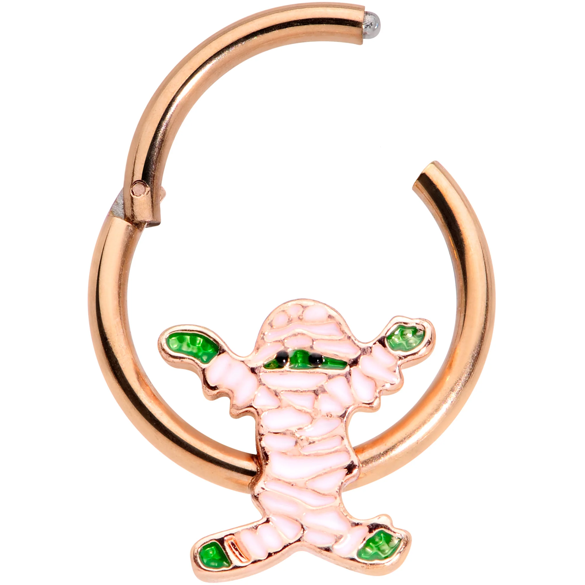 16G 3/8 Rose Gold Tone Green Mummy Halloween Hinged Segment Ring - Image 2