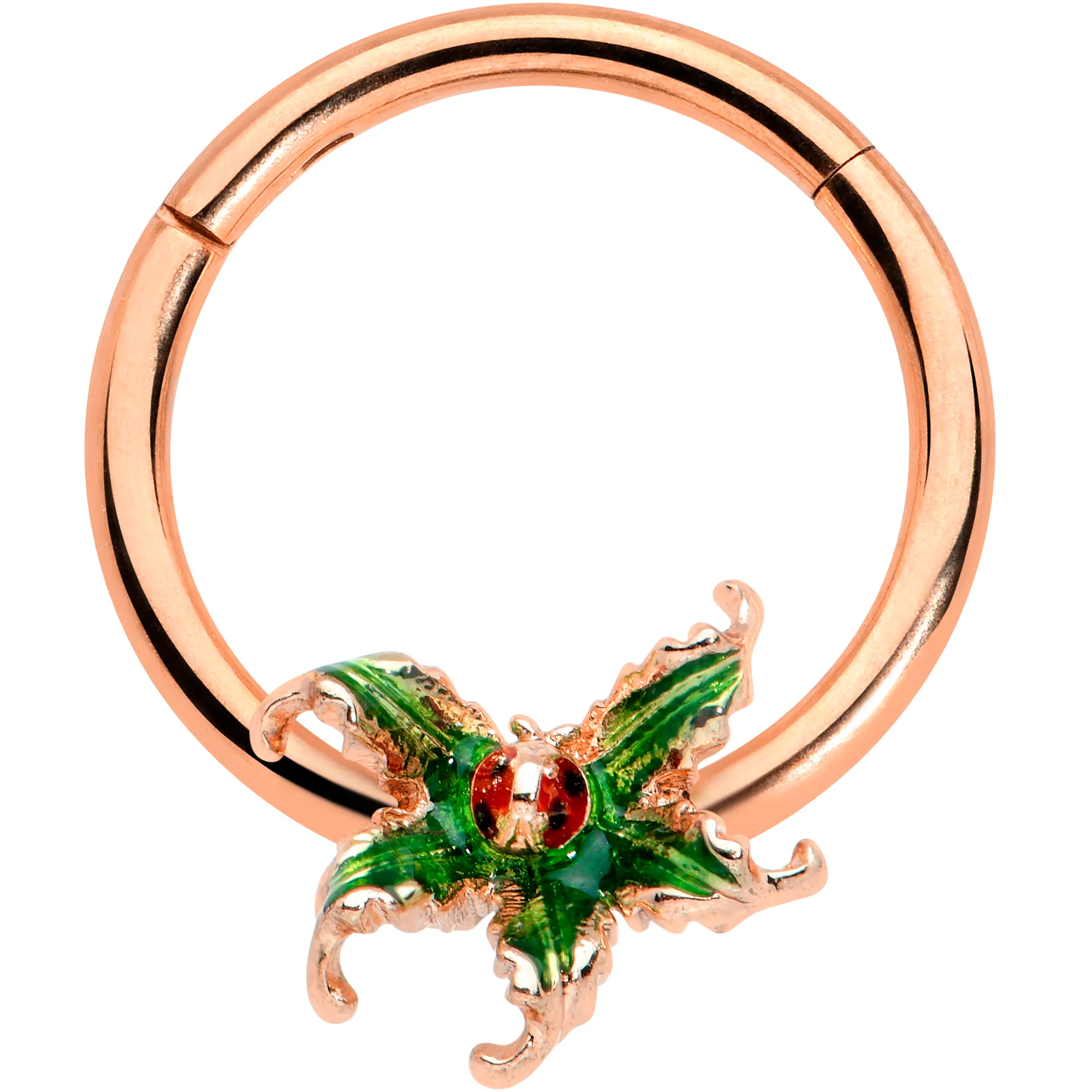 16G 3/8 Rose Gold Tone Tiny Ladybug Leaves Hinged Segment Ring