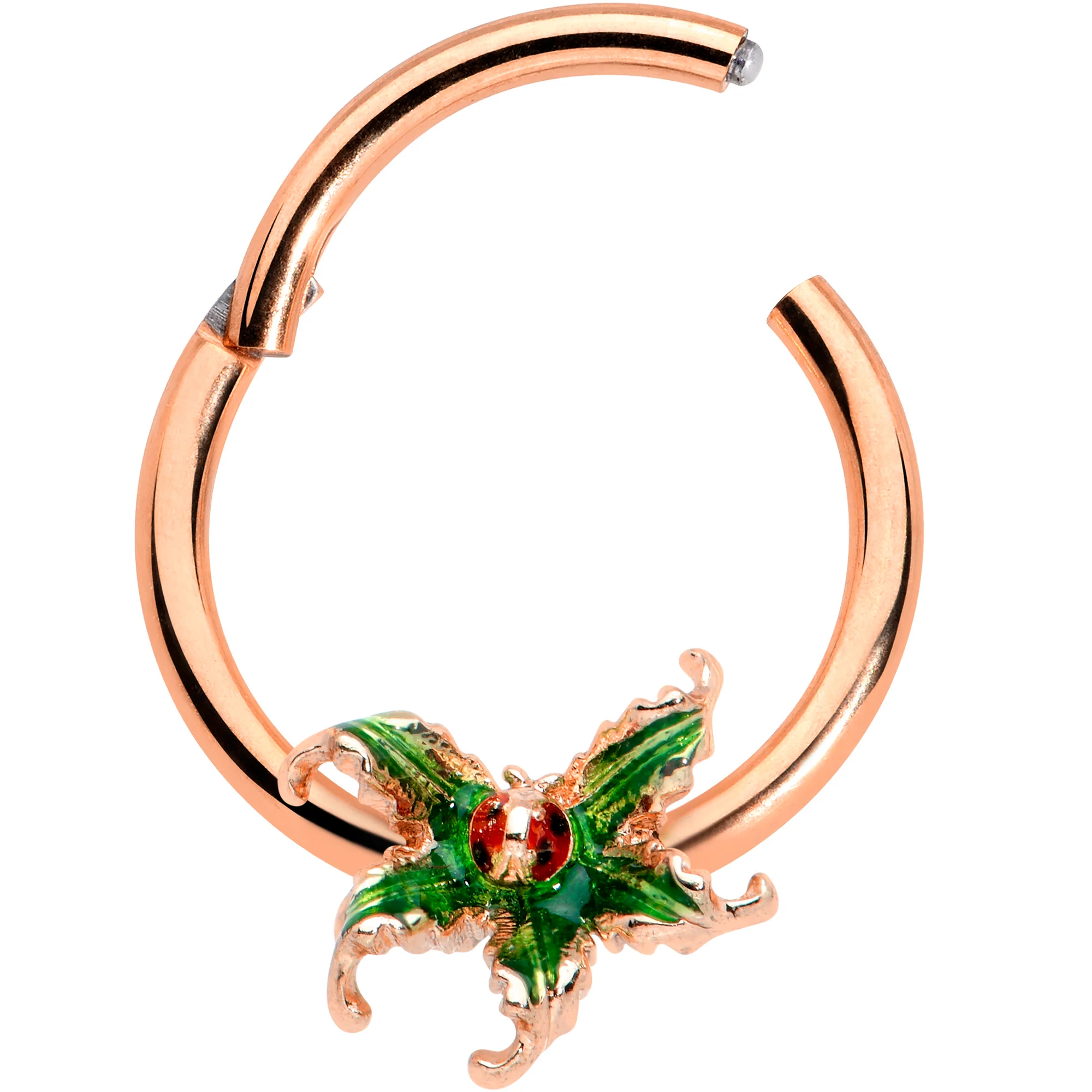 16G 3/8 Rose Gold Tone Tiny Ladybug Leaves Hinged Segment Ring - Image 2