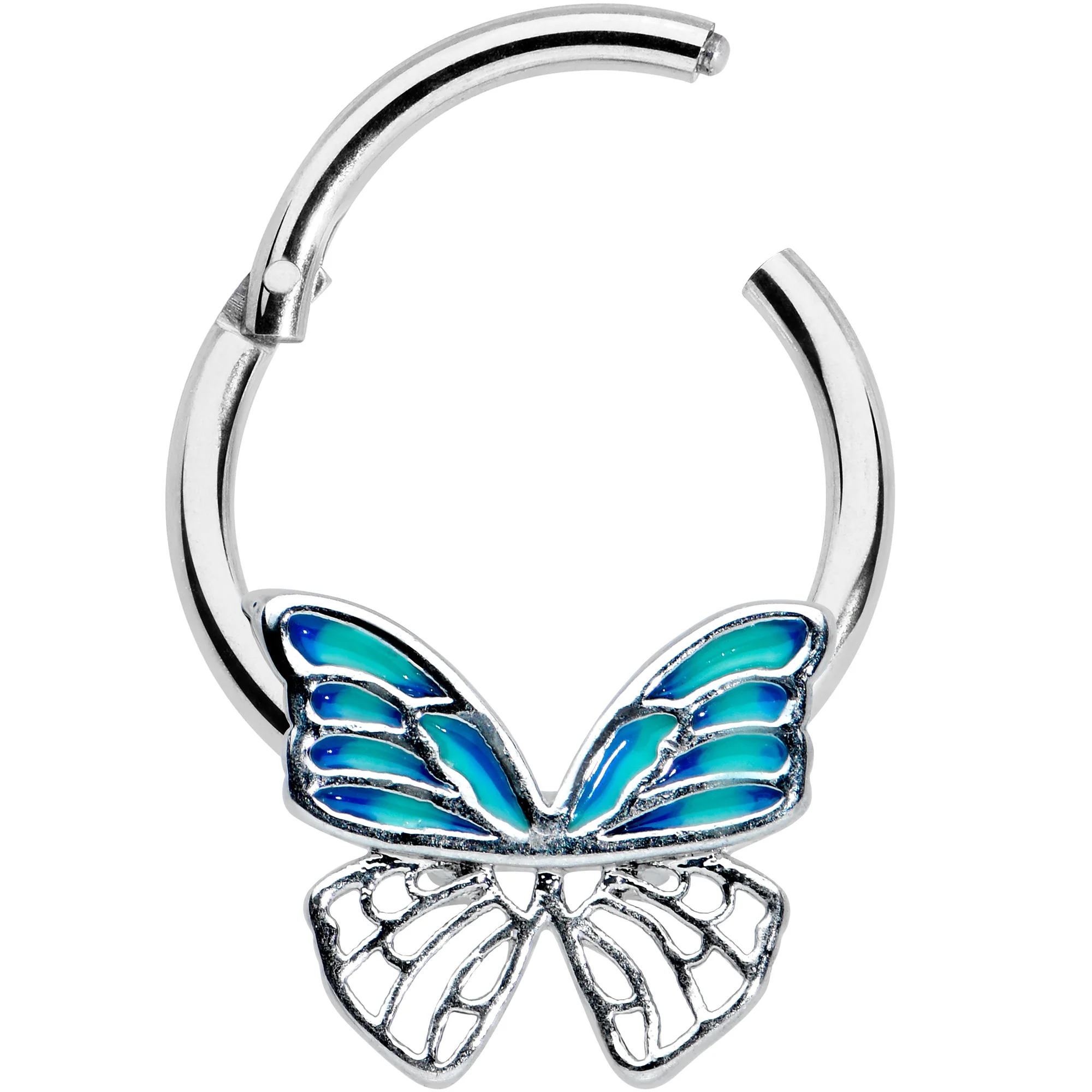 16G 3/8 Simple Blue Butterfly Wings Hinged Segment Ring - Image 2