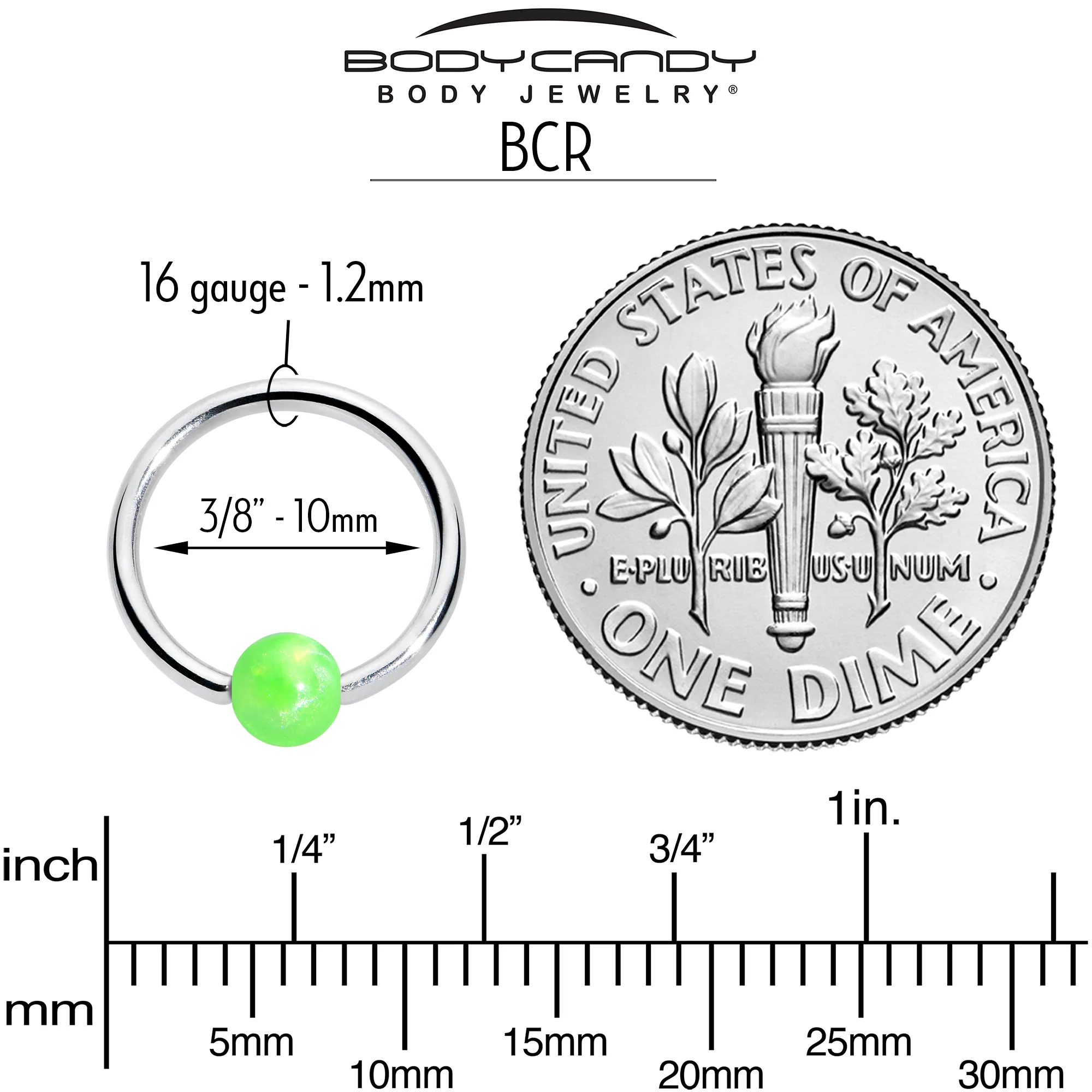 16G 3/8 Simple Opaque Bright Green Ball BCR Captive Bead Ring - Image 4