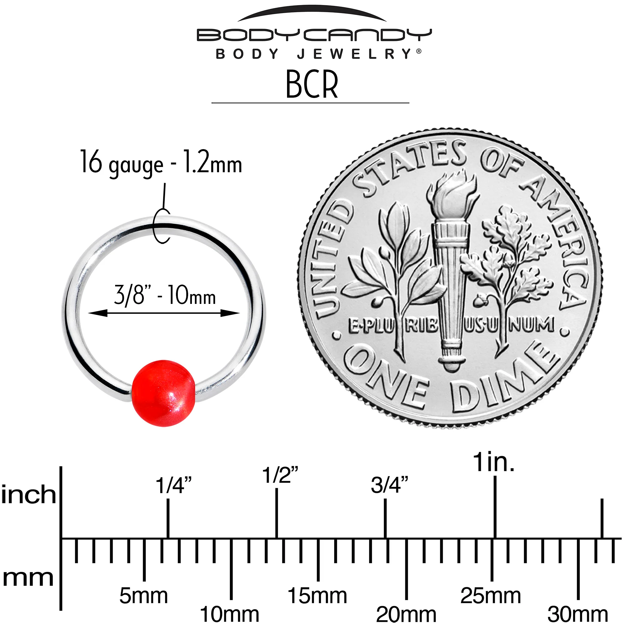 16G 3/8 Simple Opaque Bright Red Ball BCR Captive Bead Ring - Image 4