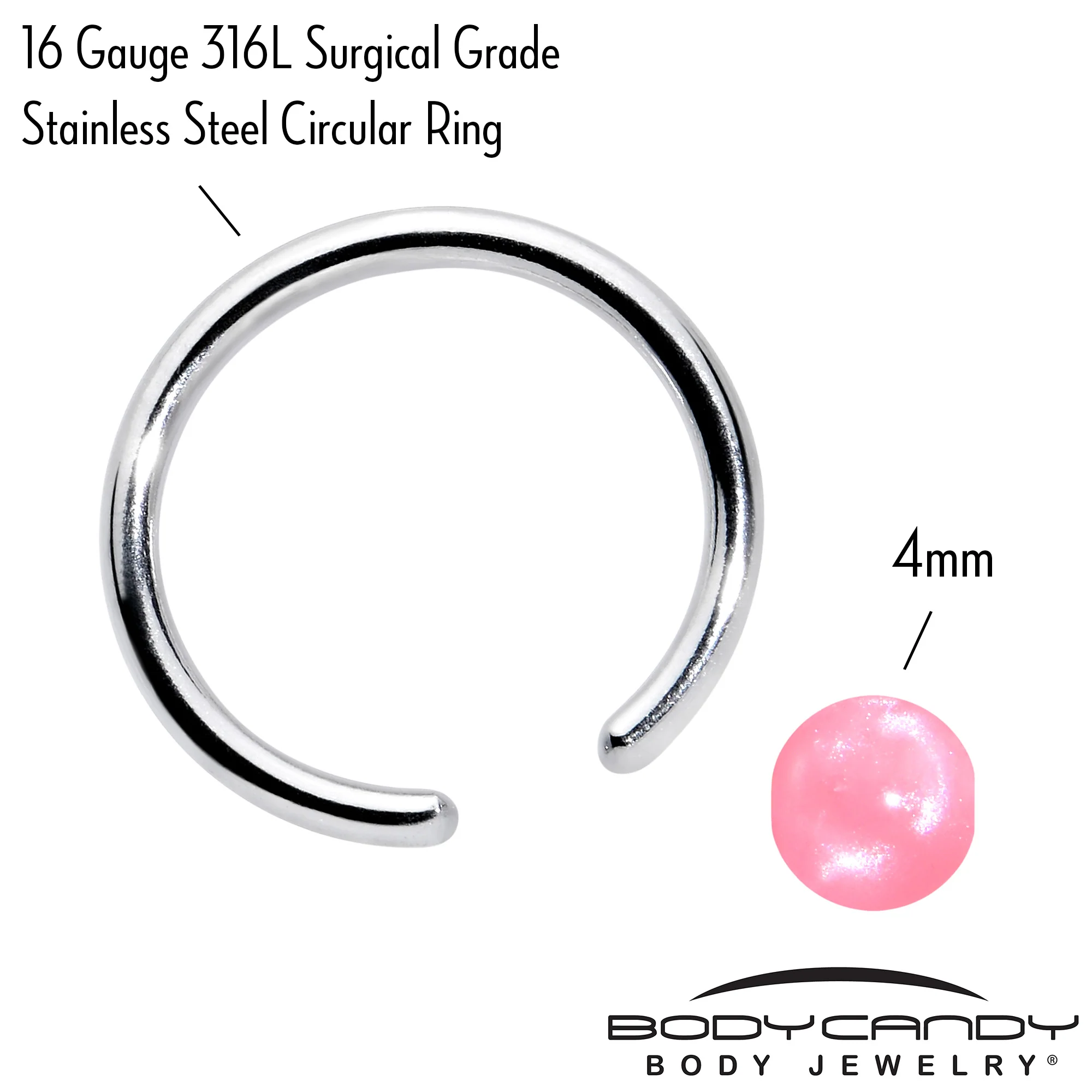 16G 3/8 Simple Opaque Pink Ball BCR Captive Bead Ring - Image 3