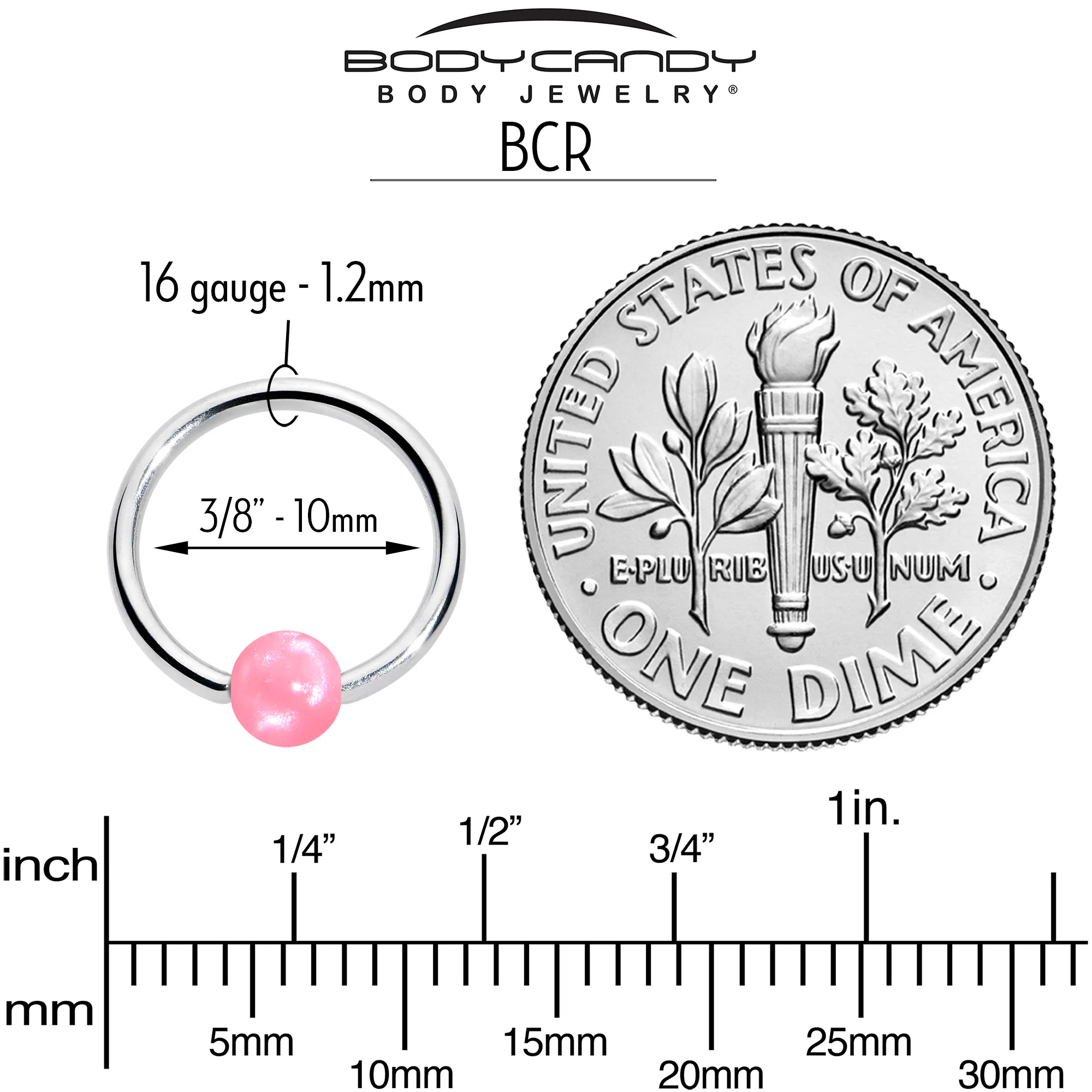 16G 3/8 Simple Opaque Pink Ball BCR Captive Bead Ring - Image 4