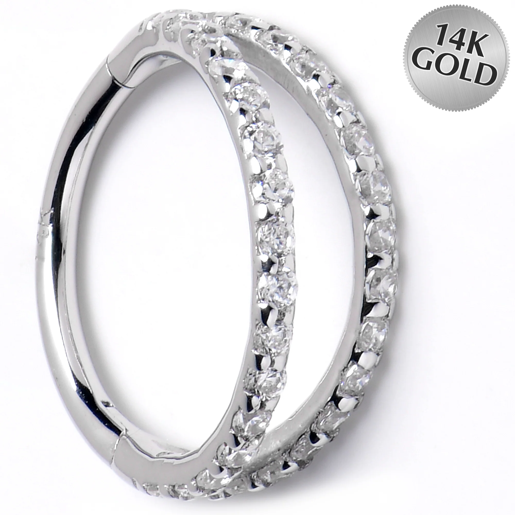 16G 3/8 Solid 14K White Gold Clear CZ Gem Hinged Segment Ring