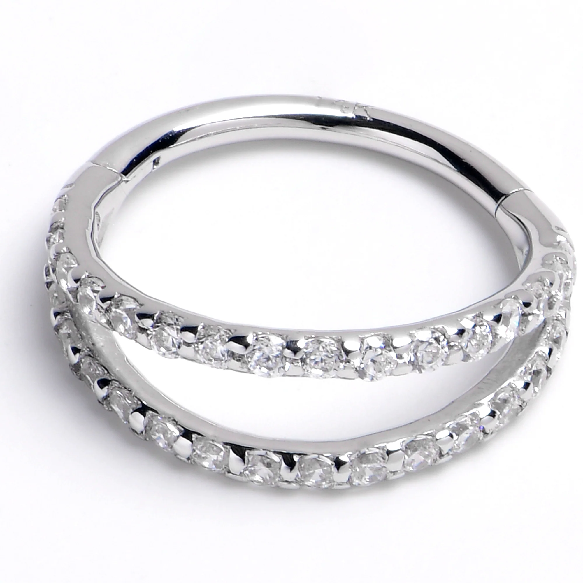 16G 3/8 Solid 14K White Gold Clear CZ Gem Hinged Segment Ring - Image 3
