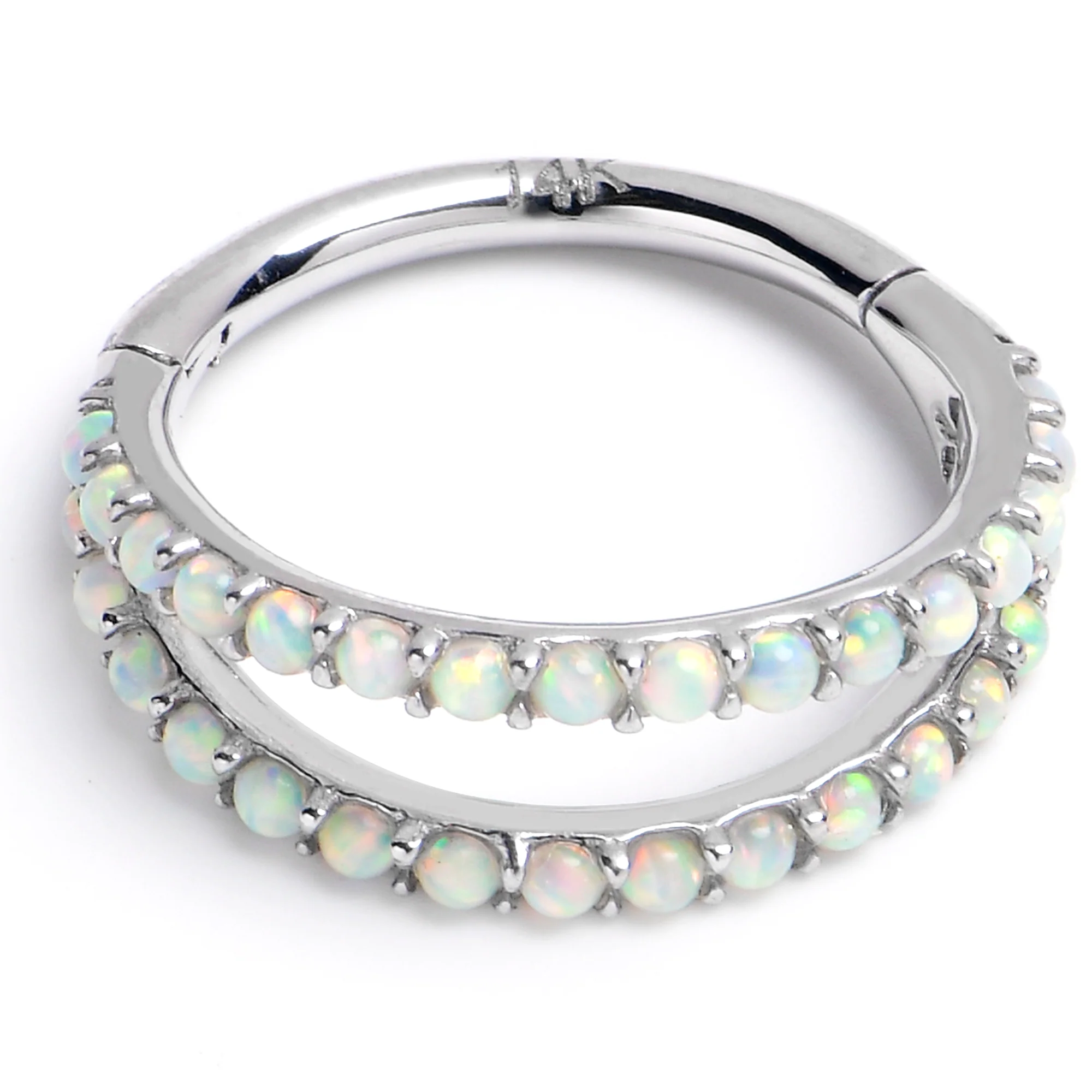 16G 3/8 Solid 14K White Gold Synthetic Opal Hinged Segment Ring - Image 3