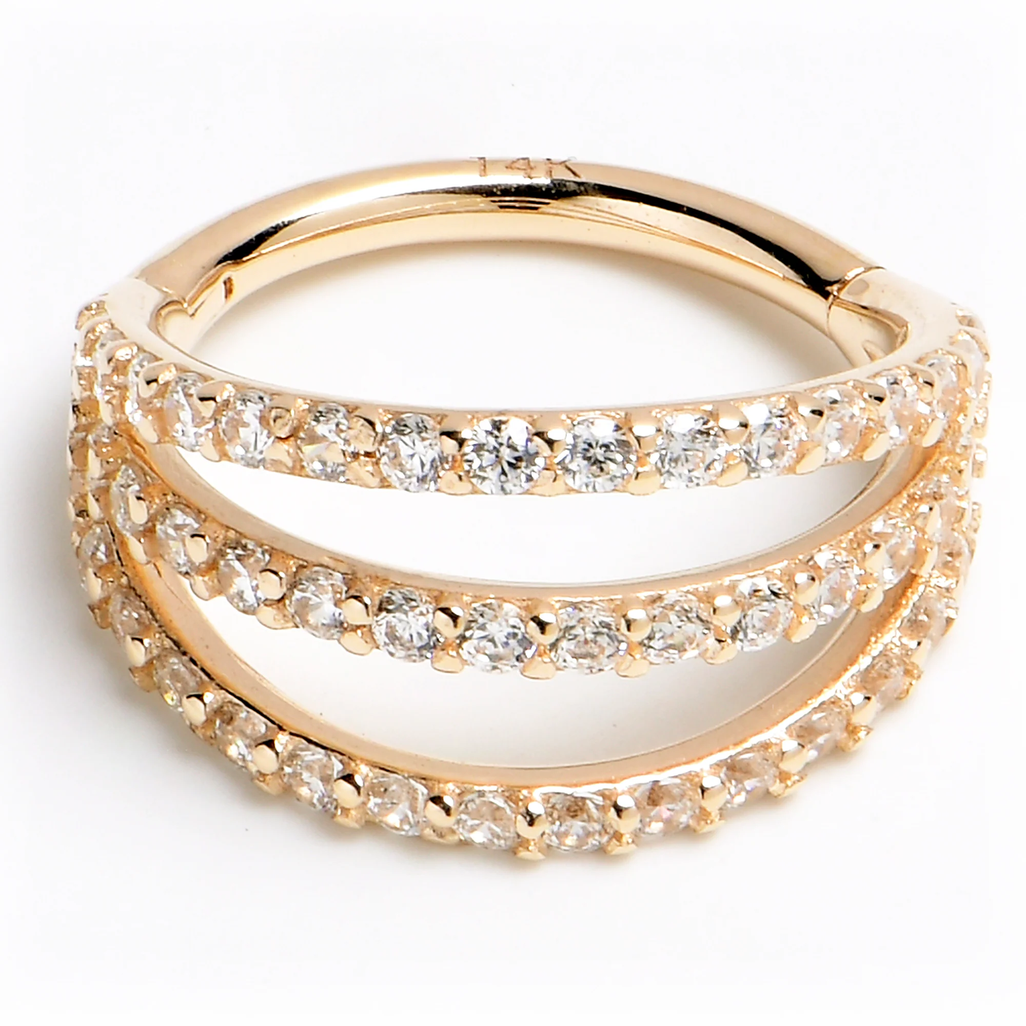 16G 3/8 Solid 14K Yellow Gold Clear CZ Gem Row Hinged Segment Ring - Image 3