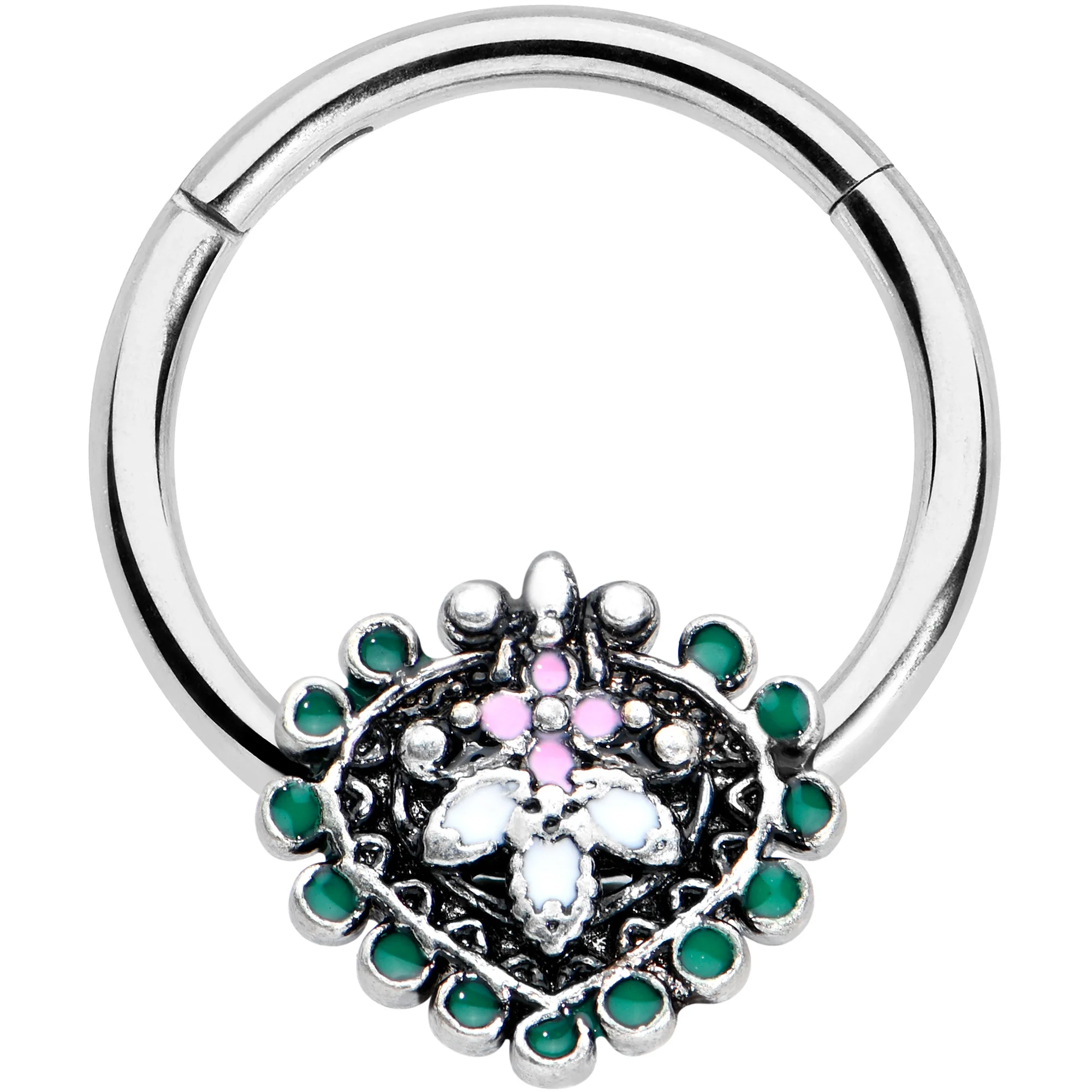 16G 3/8 Stylized Pink Green Abstract Leaf Hinged Segment Ring