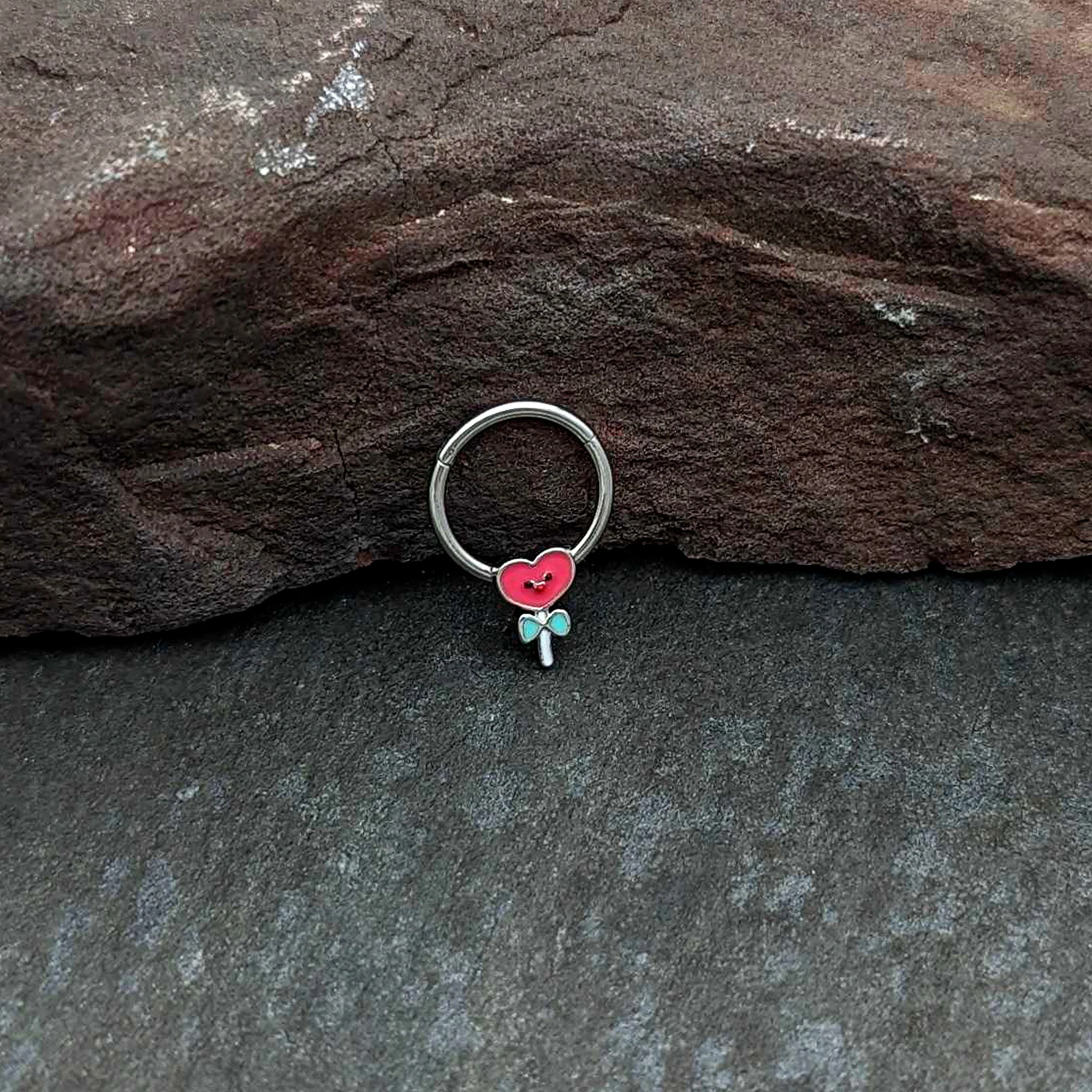 16G 3/8 Sweet Happy Heart Lollipop Hinged Segment Ring - Image 6