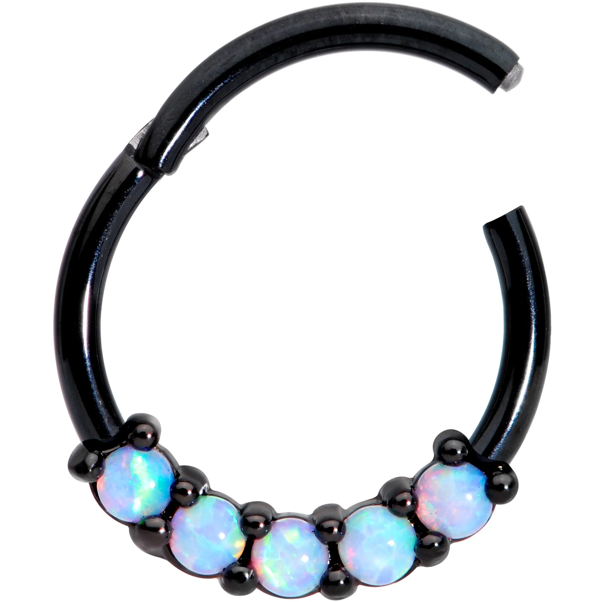 16G 3/8 Synthetic Opal Black Hinged Segment Ring - Image 2