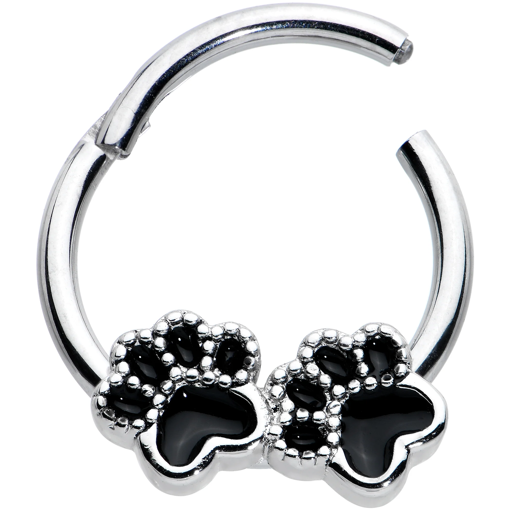 16G 3/8 Textured Black Paw Prints Hinged Segment Ring - Image 2