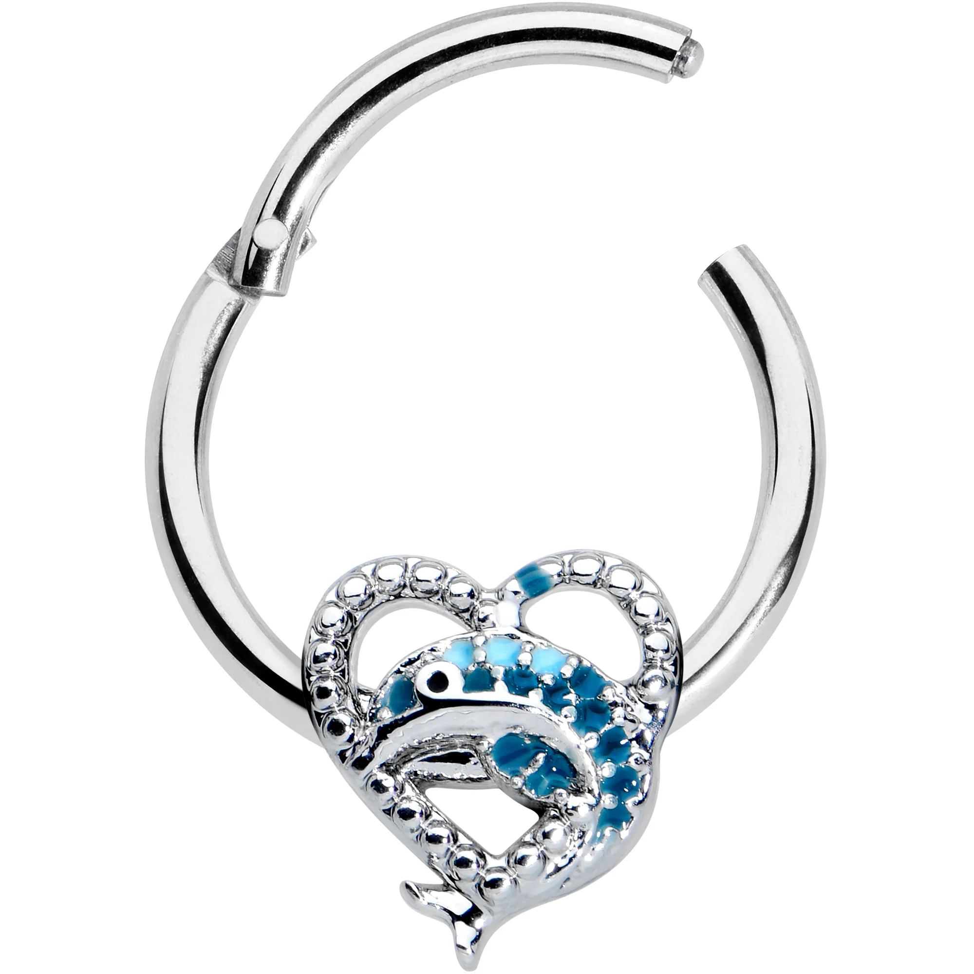 16G 3/8 Textured Blue Dolphin Heart Hinged Segment Ring - Image 2