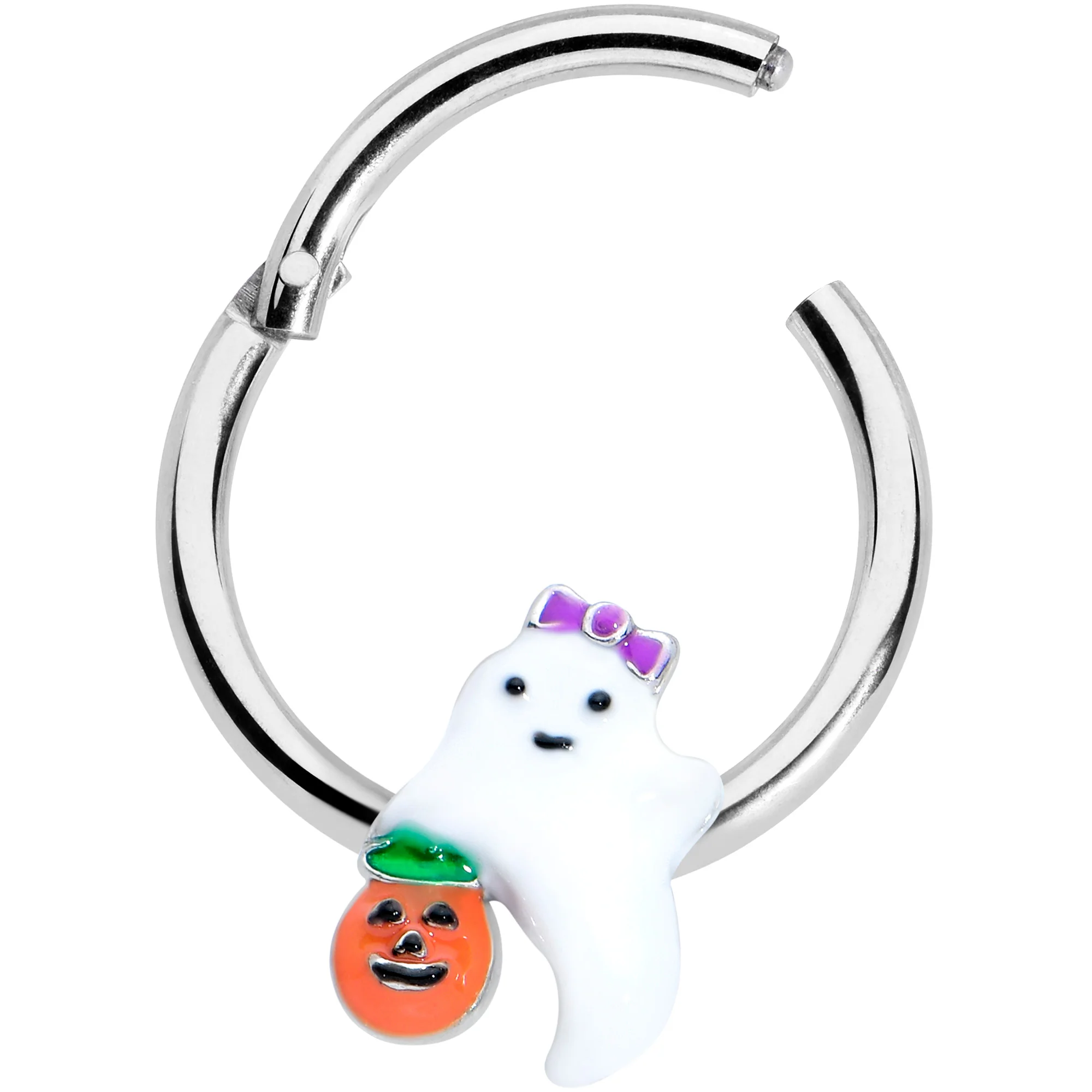 16G 3/8 Trick or Treat Bow Ghost Halloween Hinged Segment Ring - Image 2
