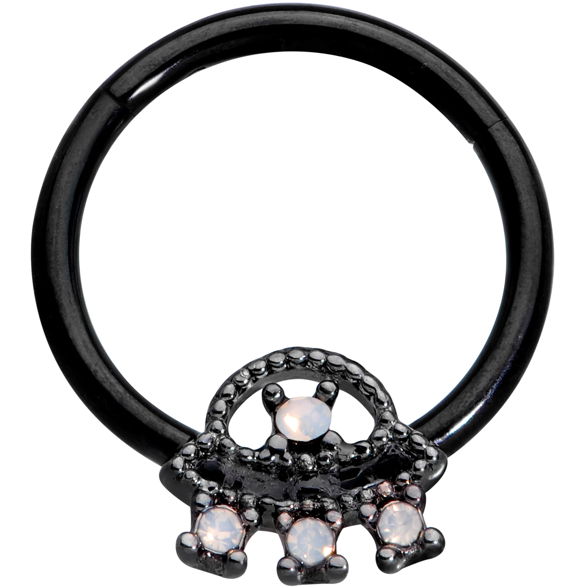 16G 3/8 White Faux Opal Black UFO Hinged Segment Ring