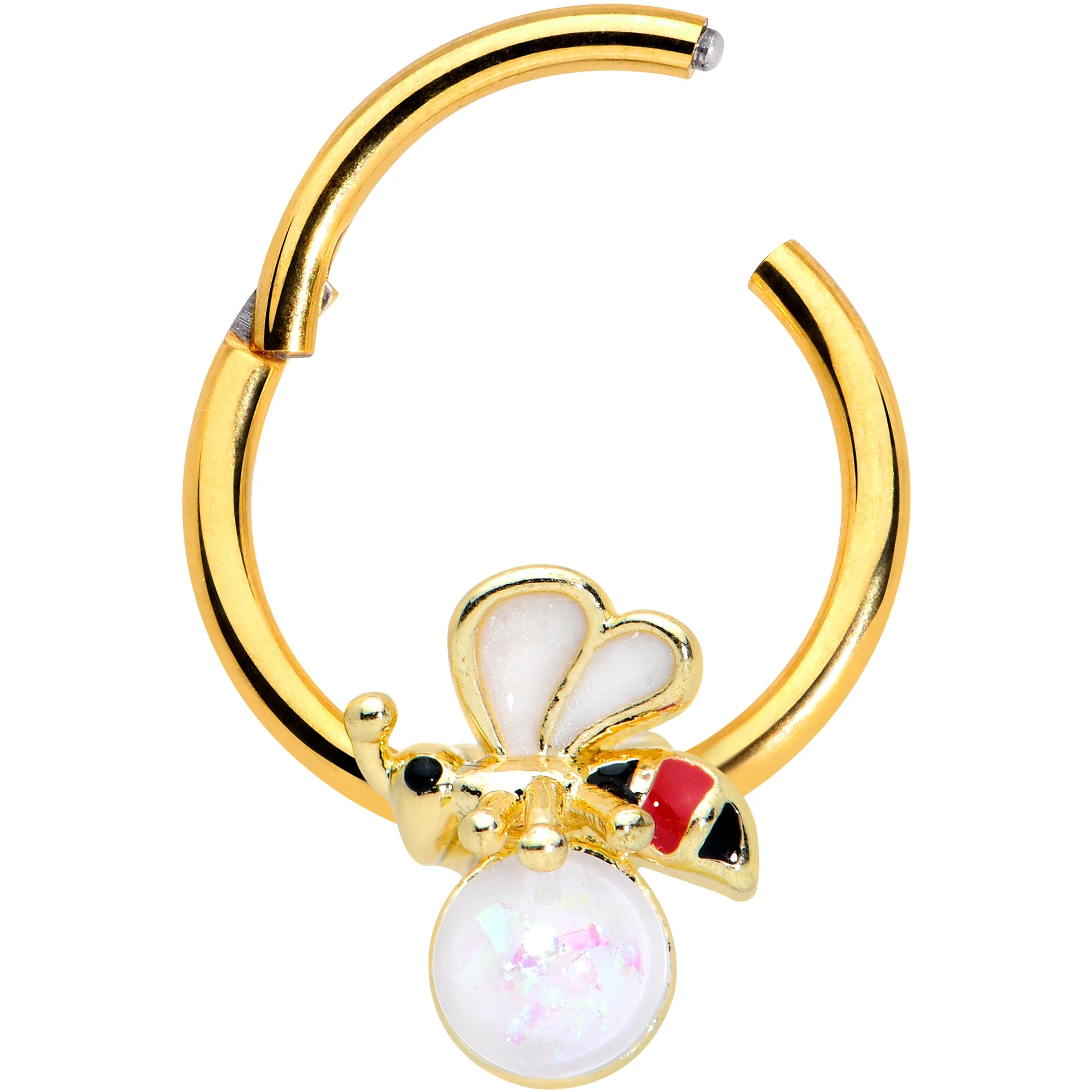 16G 3/8 White Faux Opal Gold Tone Insect Hinged Segment Ring - Image 2