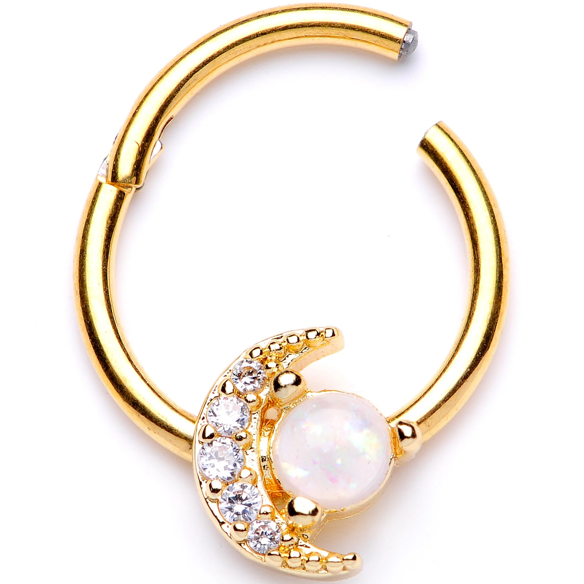 16G 3/8 White Faux Opal Gold Tone Moon Hinged Segment Ring - Image 2