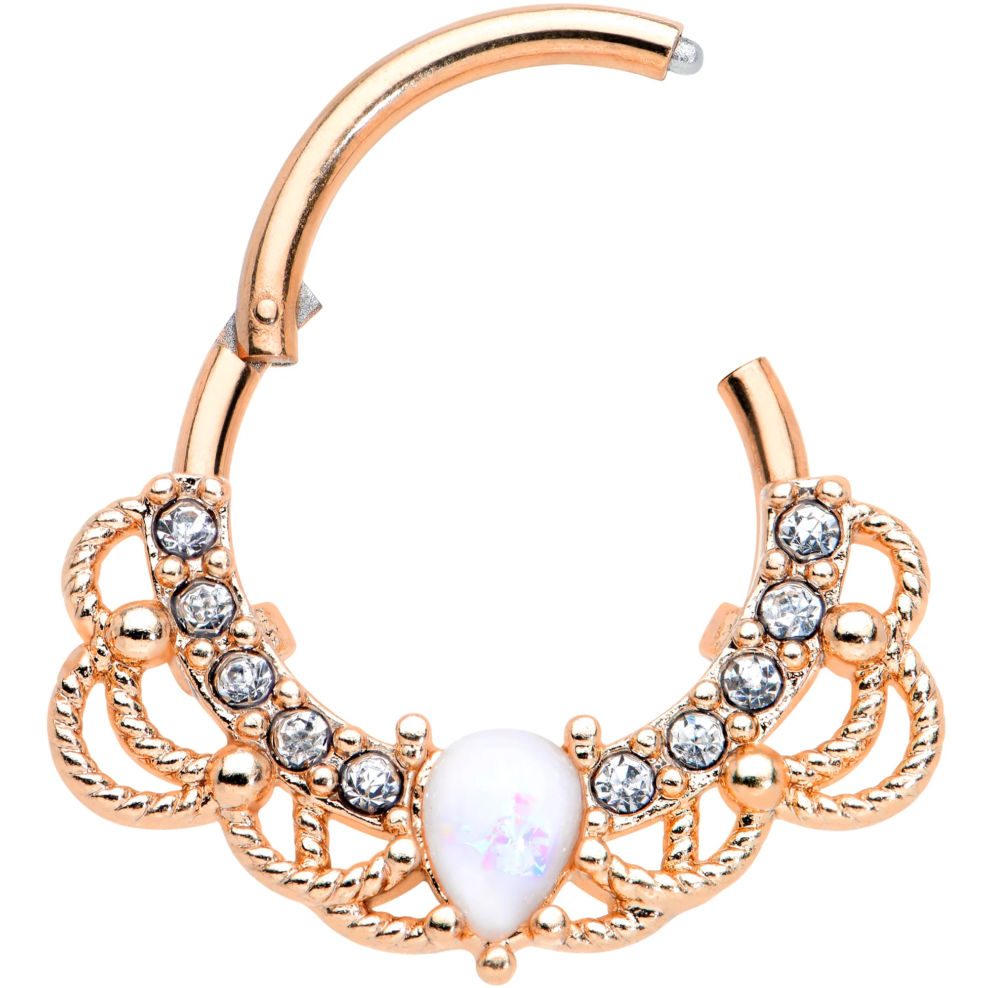 16G 3/8 White Faux Opal Rose Gold Tone Lace Hinged Segment Ring - Image 2
