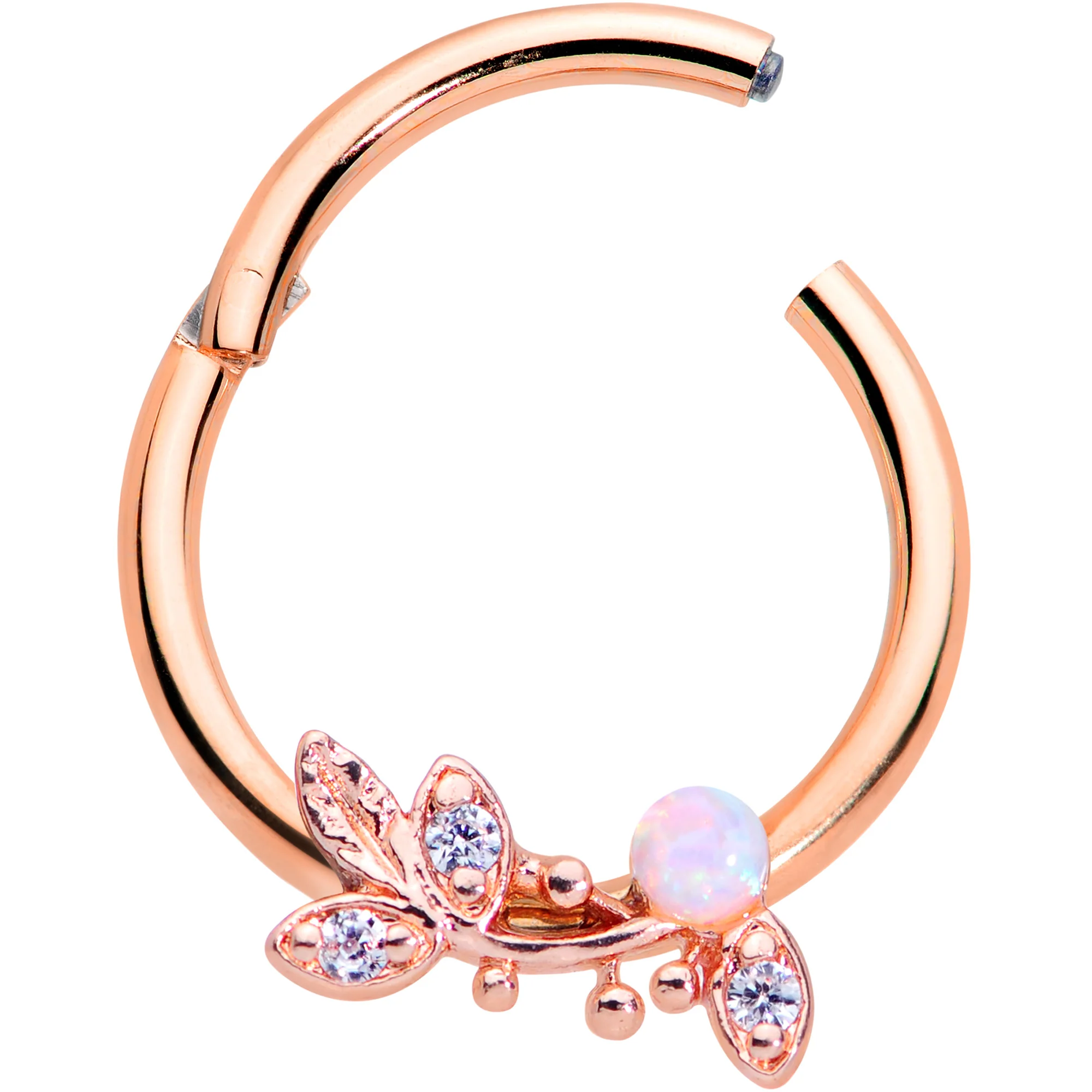 16G 3/8 White Faux Opal Rose Gold Tone Leaves Hinged Segment Ring - Image 2