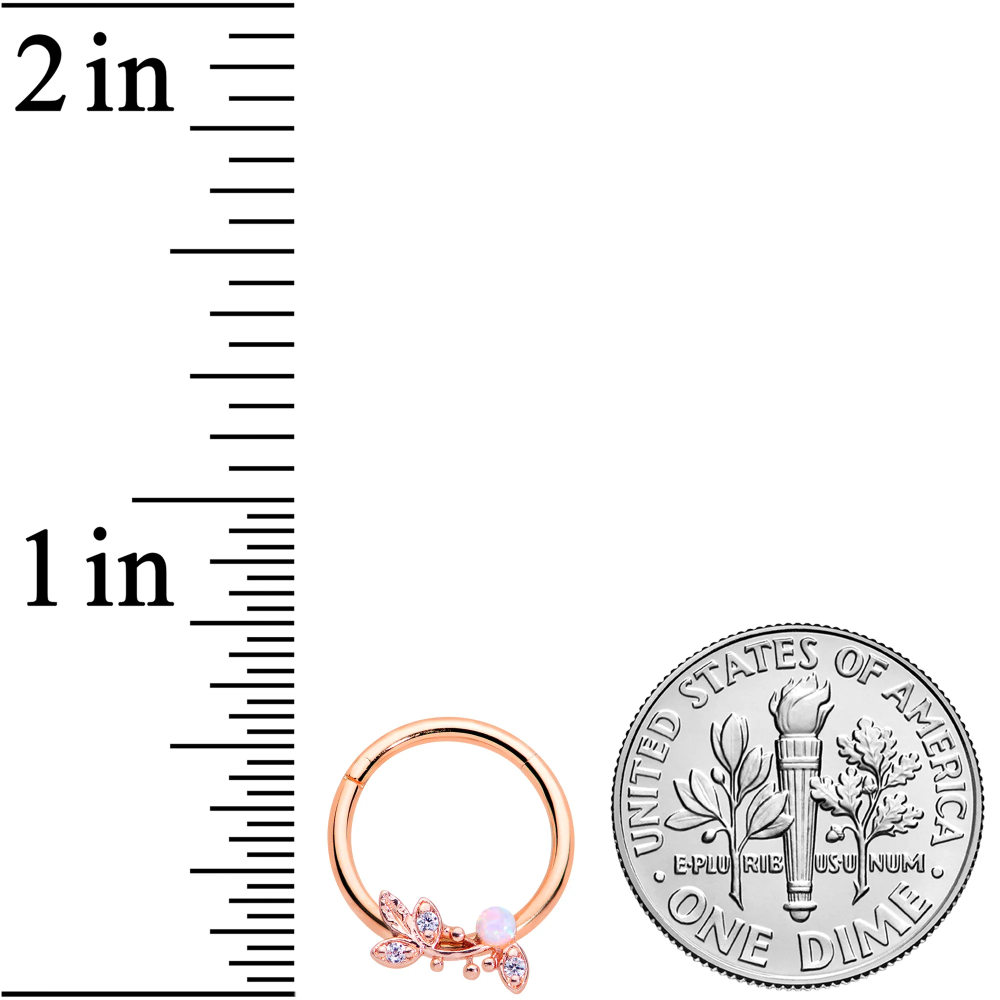 16G 3/8 White Faux Opal Rose Gold Tone Leaves Hinged Segment Ring - Image 3