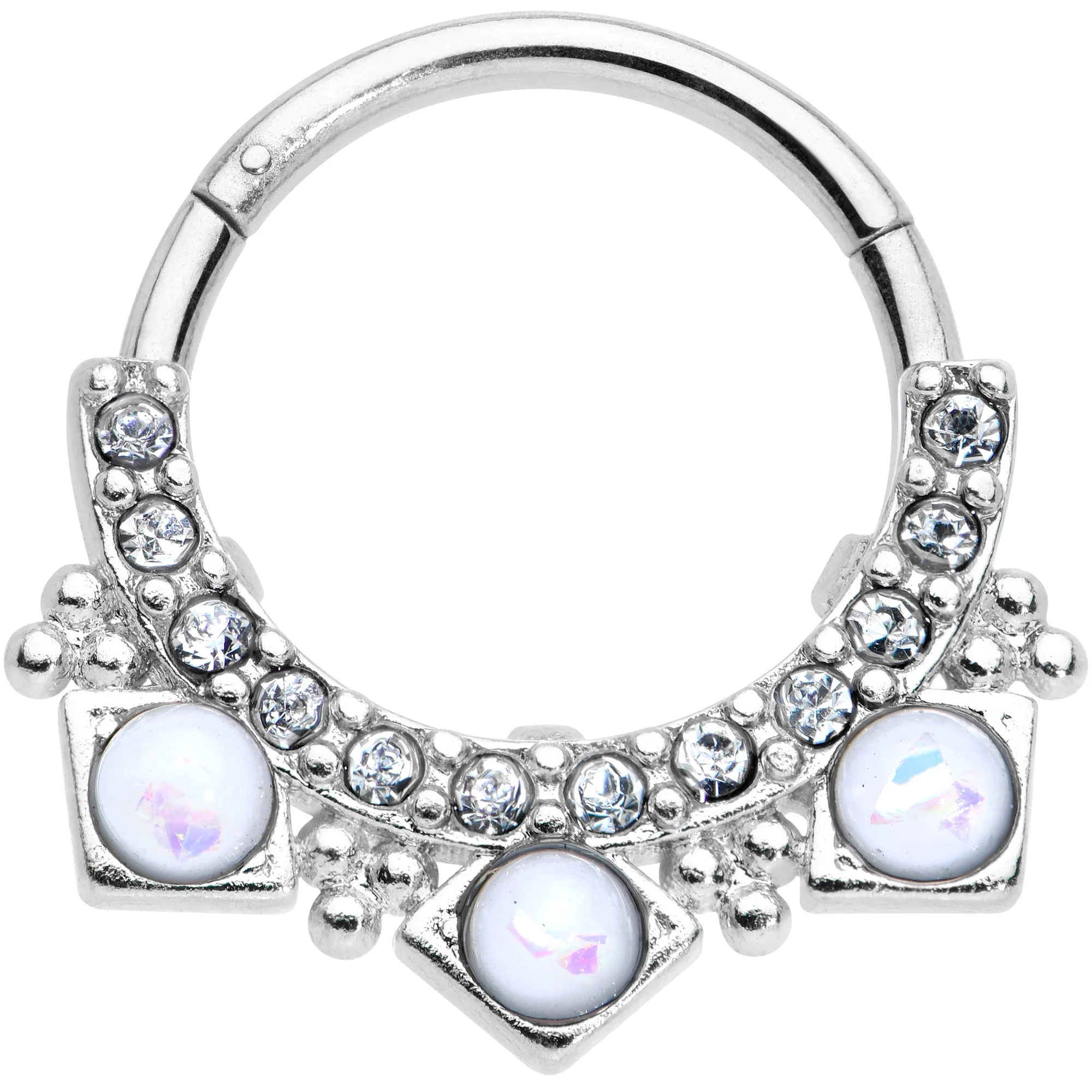 16G 3/8 White Faux Opal Squares Hinged Segment Ring